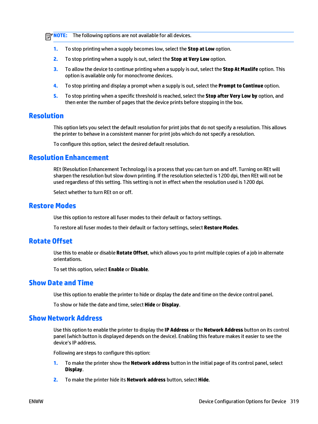 HP Web Jetadmin Software manual Resolution Enhancement, Restore Modes, Rotate Offset, Show Date and Time 