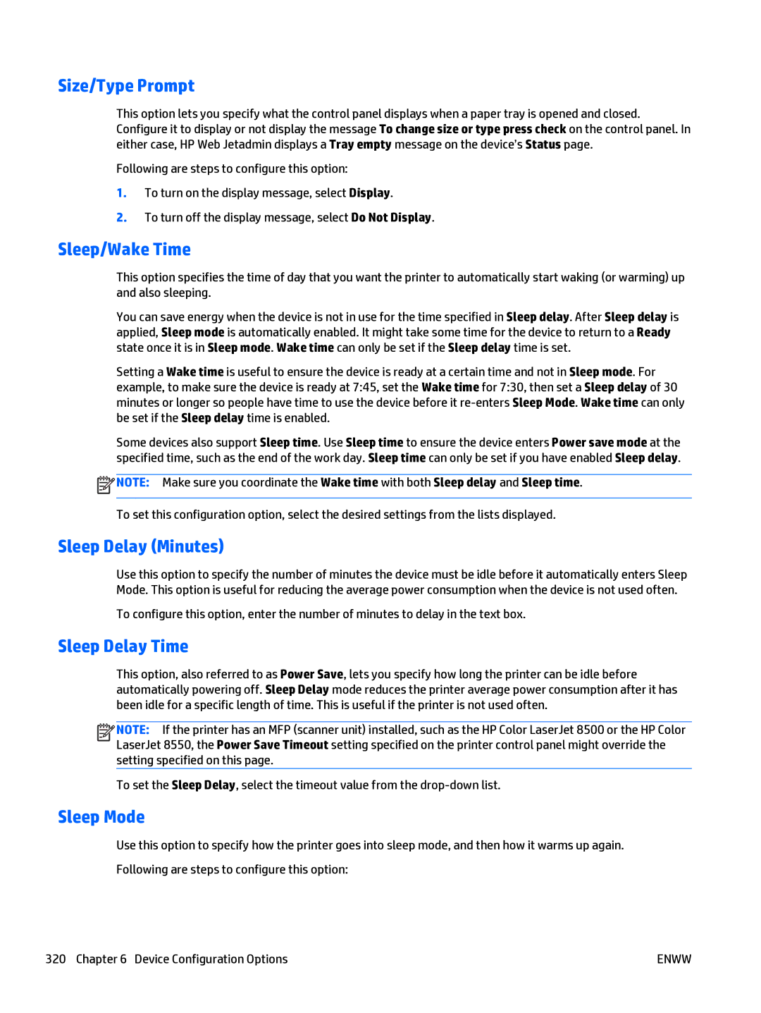 HP Web Jetadmin Software manual Size/Type Prompt, Sleep/Wake Time, Sleep Delay Minutes, Sleep Delay Time, Sleep Mode 