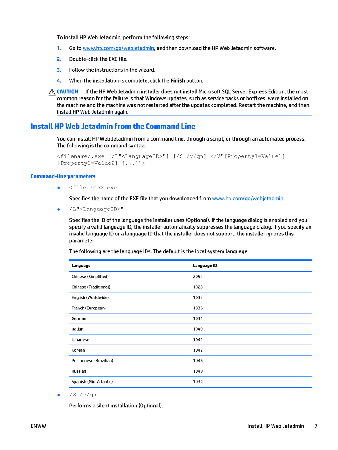 HP Web Jetadmin Software manual Install HP Web Jetadmin from the Command Line, Command-line parameters 