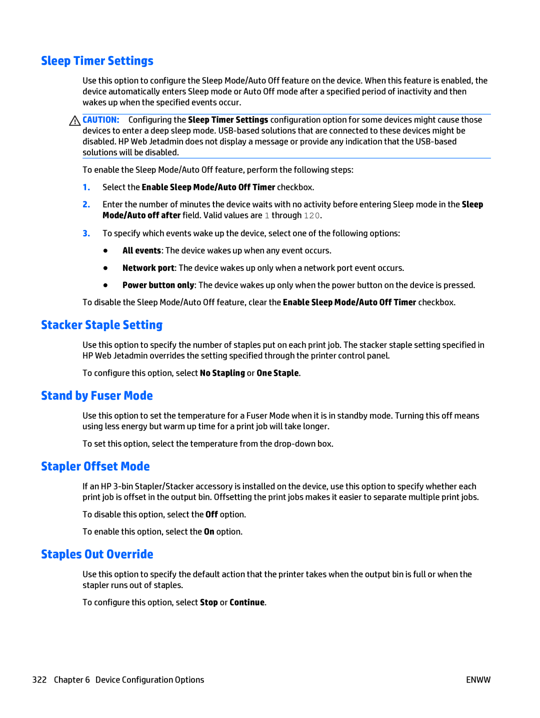 HP Web Jetadmin Software manual Sleep Timer Settings, Stacker Staple Setting, Stand by Fuser Mode, Stapler Offset Mode 