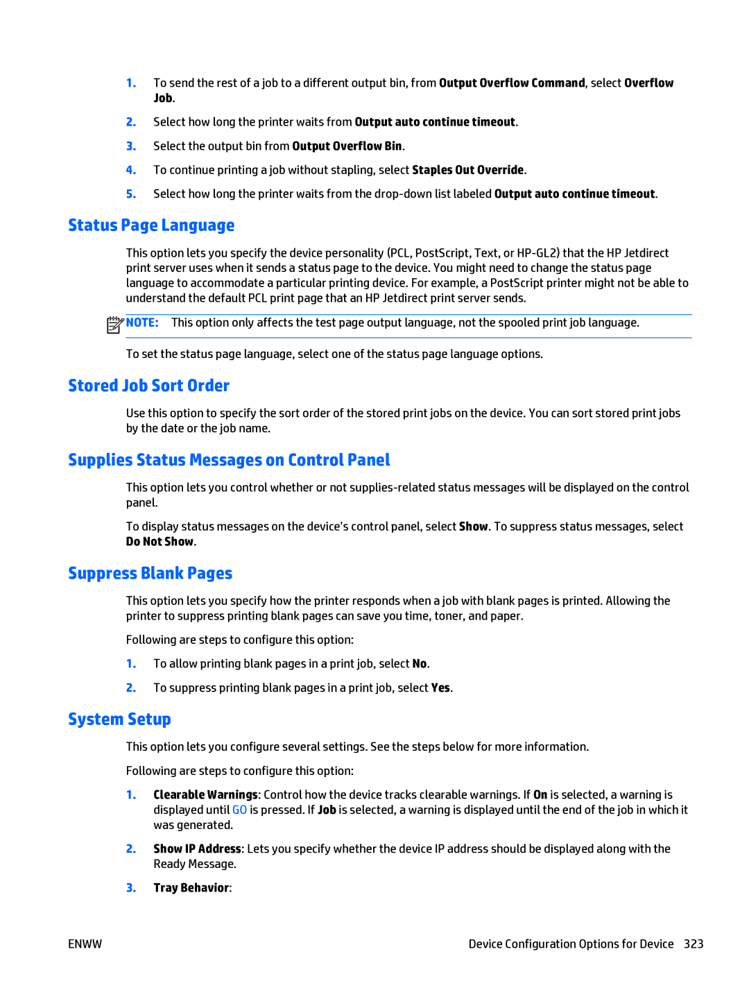 HP Web Jetadmin Software manual Status Page Language, Stored Job Sort Order, Supplies Status Messages on Control Panel 