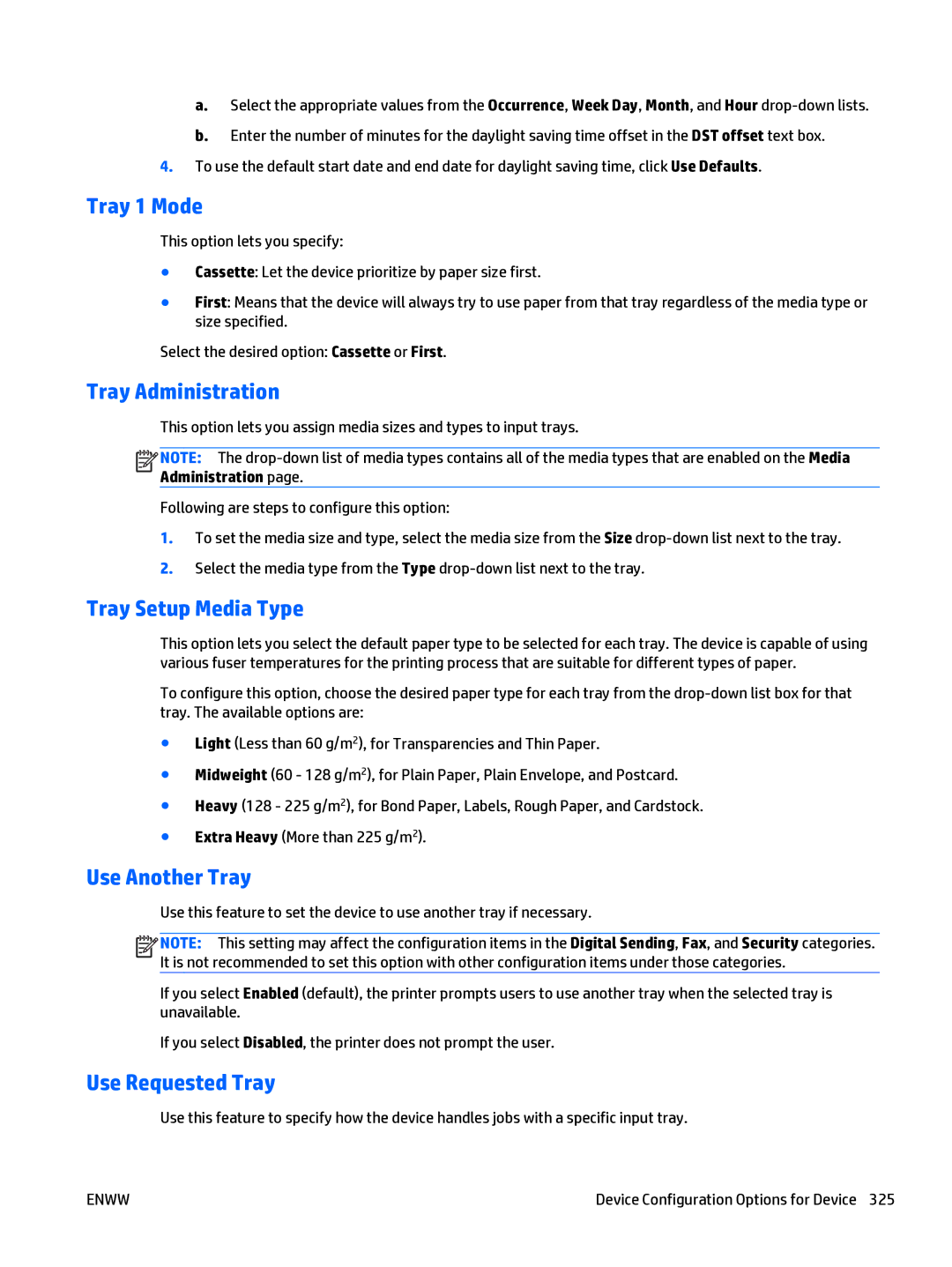 HP Web Jetadmin Software Tray 1 Mode, Tray Administration, Tray Setup Media Type, Use Another Tray, Use Requested Tray 