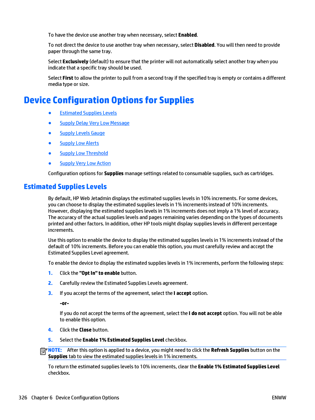 HP Web Jetadmin Software manual Device Configuration Options for Supplies, Estimated Supplies Levels 