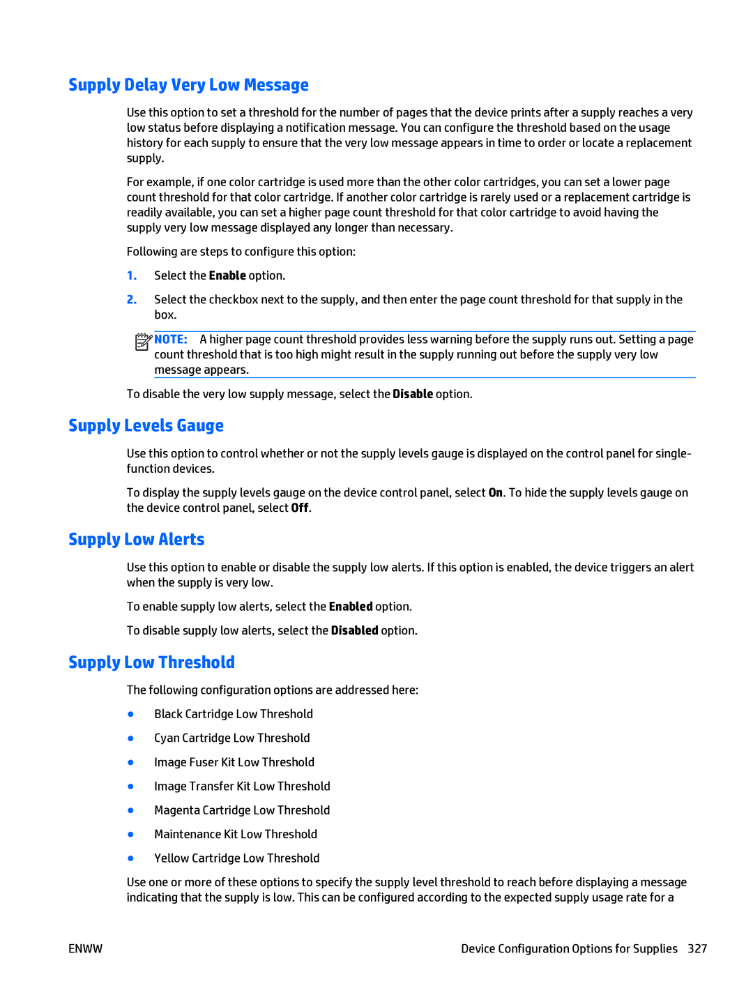 HP Web Jetadmin Software manual Supply Delay Very Low Message, Supply Levels Gauge, Supply Low Alerts, Supply Low Threshold 