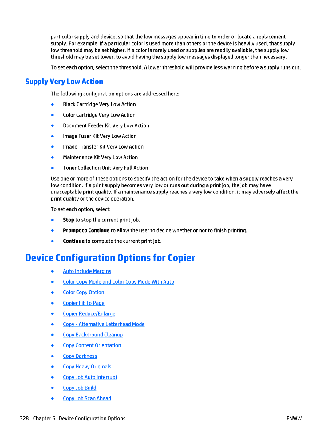 HP Web Jetadmin Software manual Device Configuration Options for Copier, Supply Very Low Action 