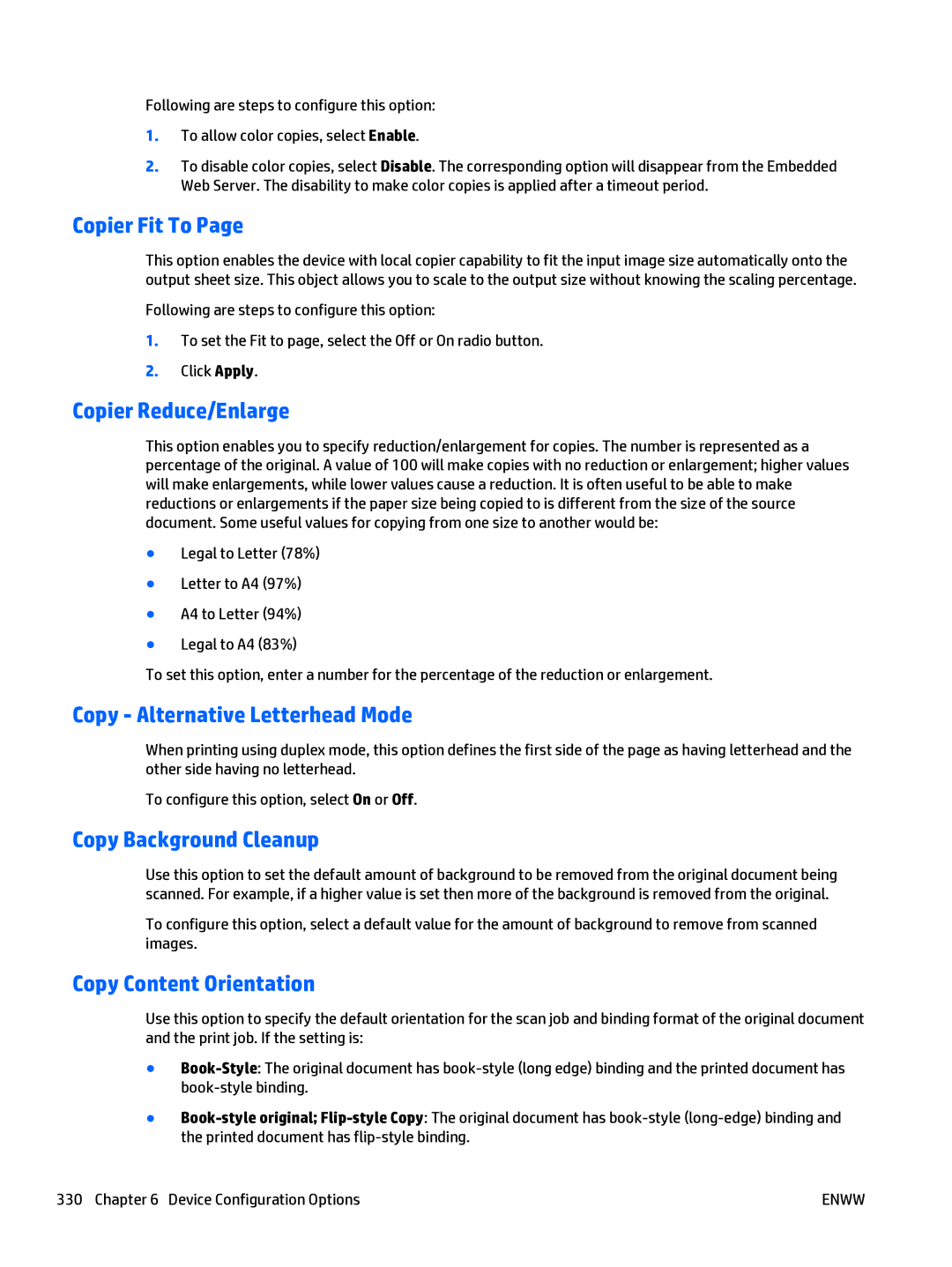 HP Web Jetadmin Software Copier Fit To, Copier Reduce/Enlarge, Copy Alternative Letterhead Mode, Copy Background Cleanup 