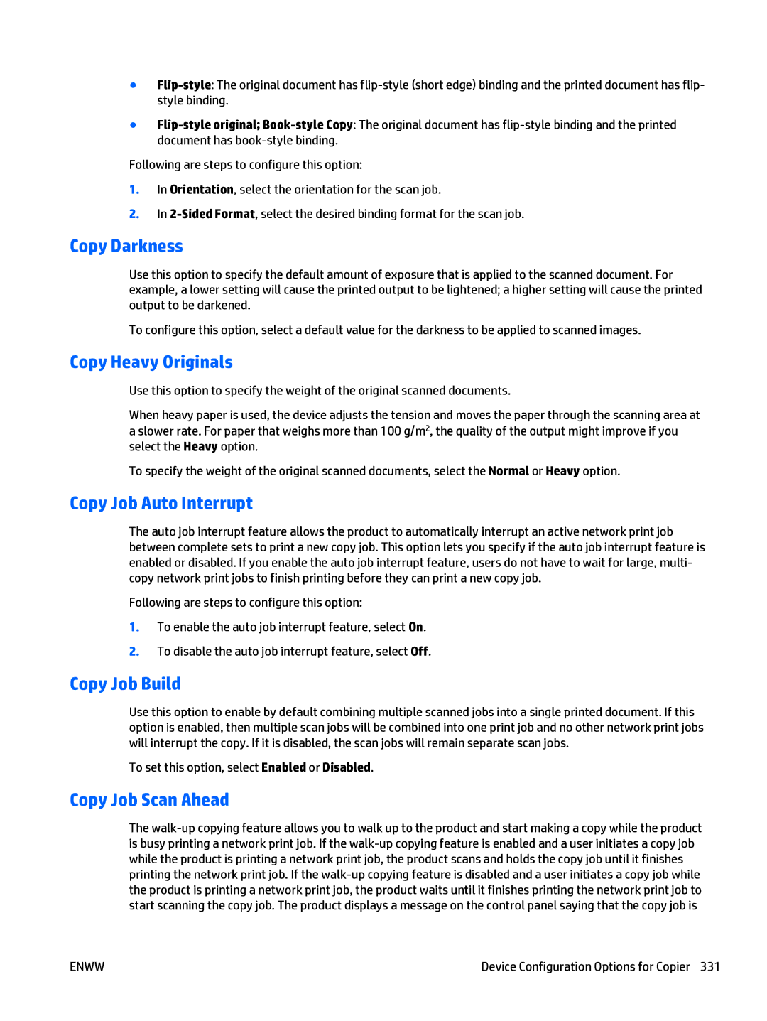 HP Web Jetadmin Software Copy Darkness, Copy Heavy Originals, Copy Job Auto Interrupt, Copy Job Build, Copy Job Scan Ahead 