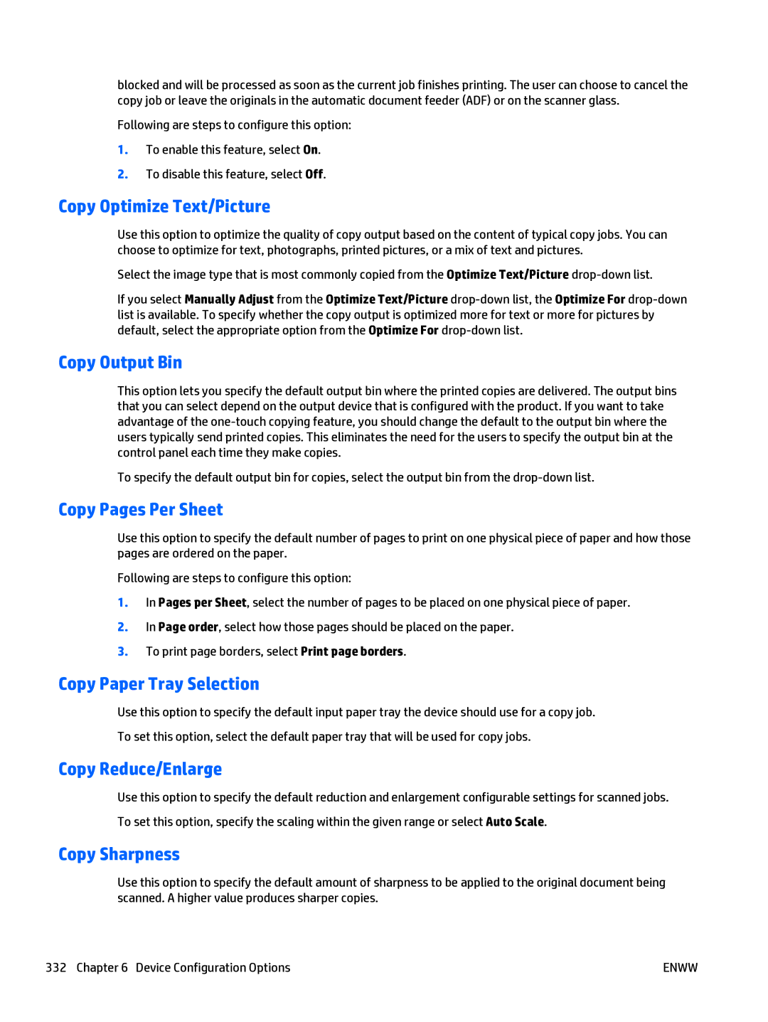 HP Web Jetadmin Software Copy Optimize Text/Picture, Copy Output Bin, Copy Pages Per Sheet, Copy Paper Tray Selection 