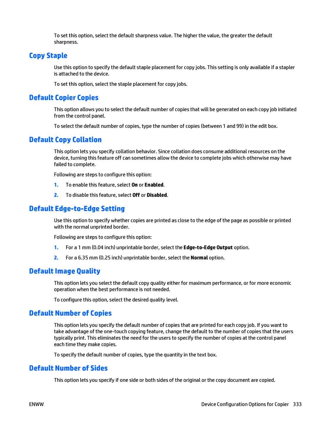 HP Web Jetadmin Software manual Copy Staple, Default Copier Copies, Default Copy Collation, Default Edge-to-Edge Setting 