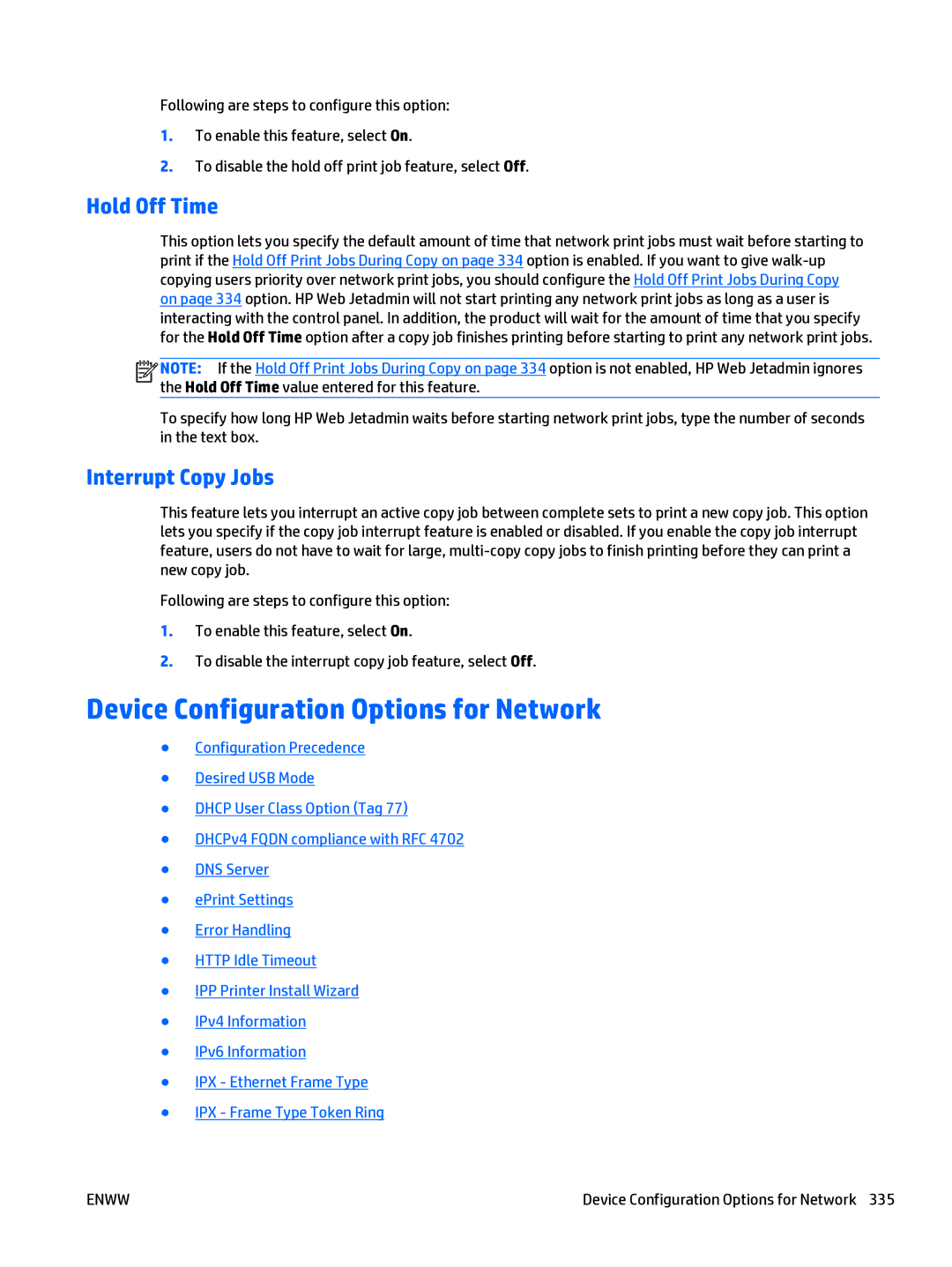 HP Web Jetadmin Software manual Device Configuration Options for Network, Hold Off Time, Interrupt Copy Jobs 