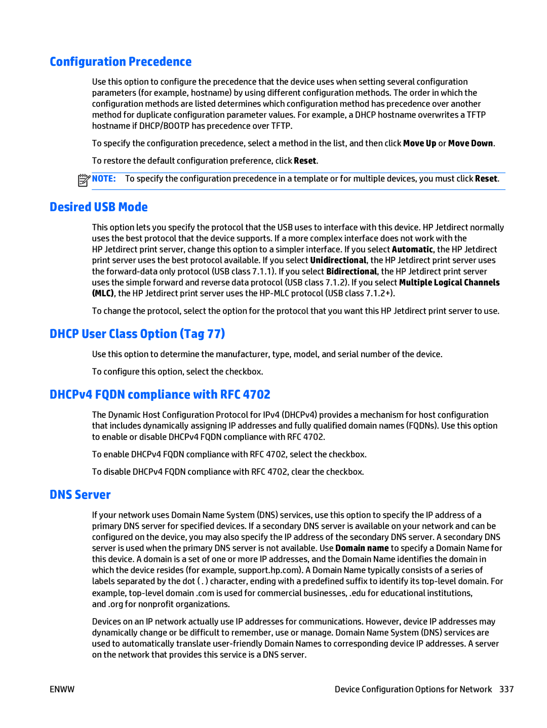 HP Web Jetadmin Software manual Configuration Precedence, Desired USB Mode, Dhcp User Class Option Tag, DNS Server 