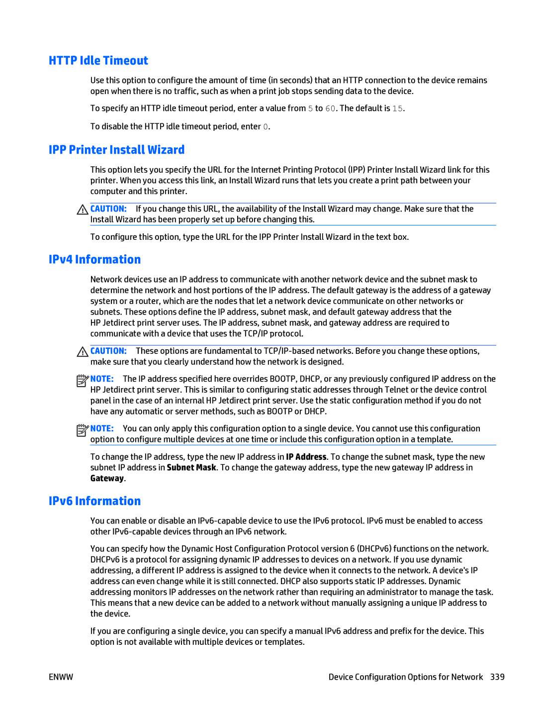 HP Web Jetadmin Software manual Http Idle Timeout, IPP Printer Install Wizard, IPv4 Information, IPv6 Information 