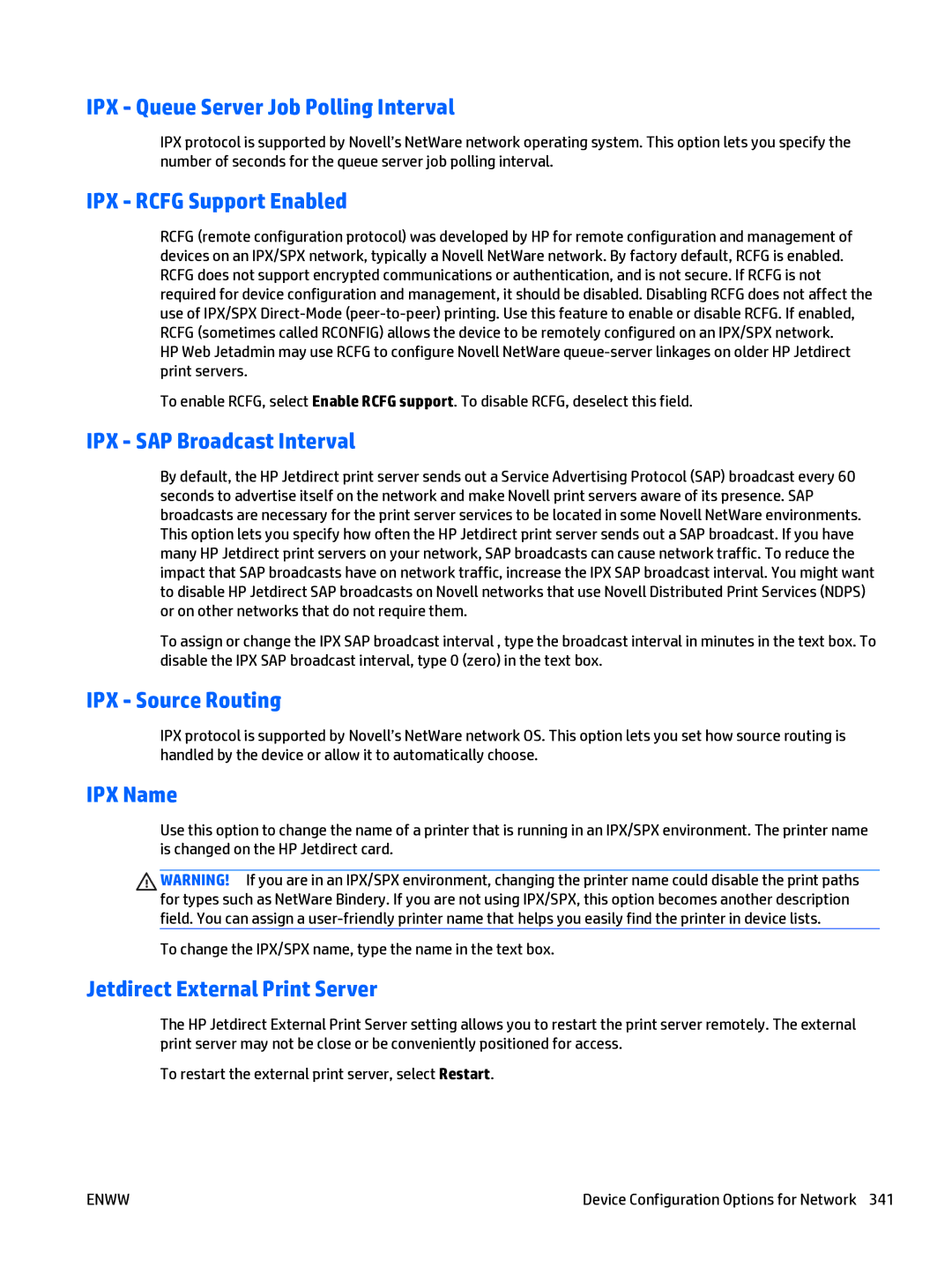 HP Web Jetadmin Software manual IPX Queue Server Job Polling Interval, IPX Rcfg Support Enabled, IPX SAP Broadcast Interval 