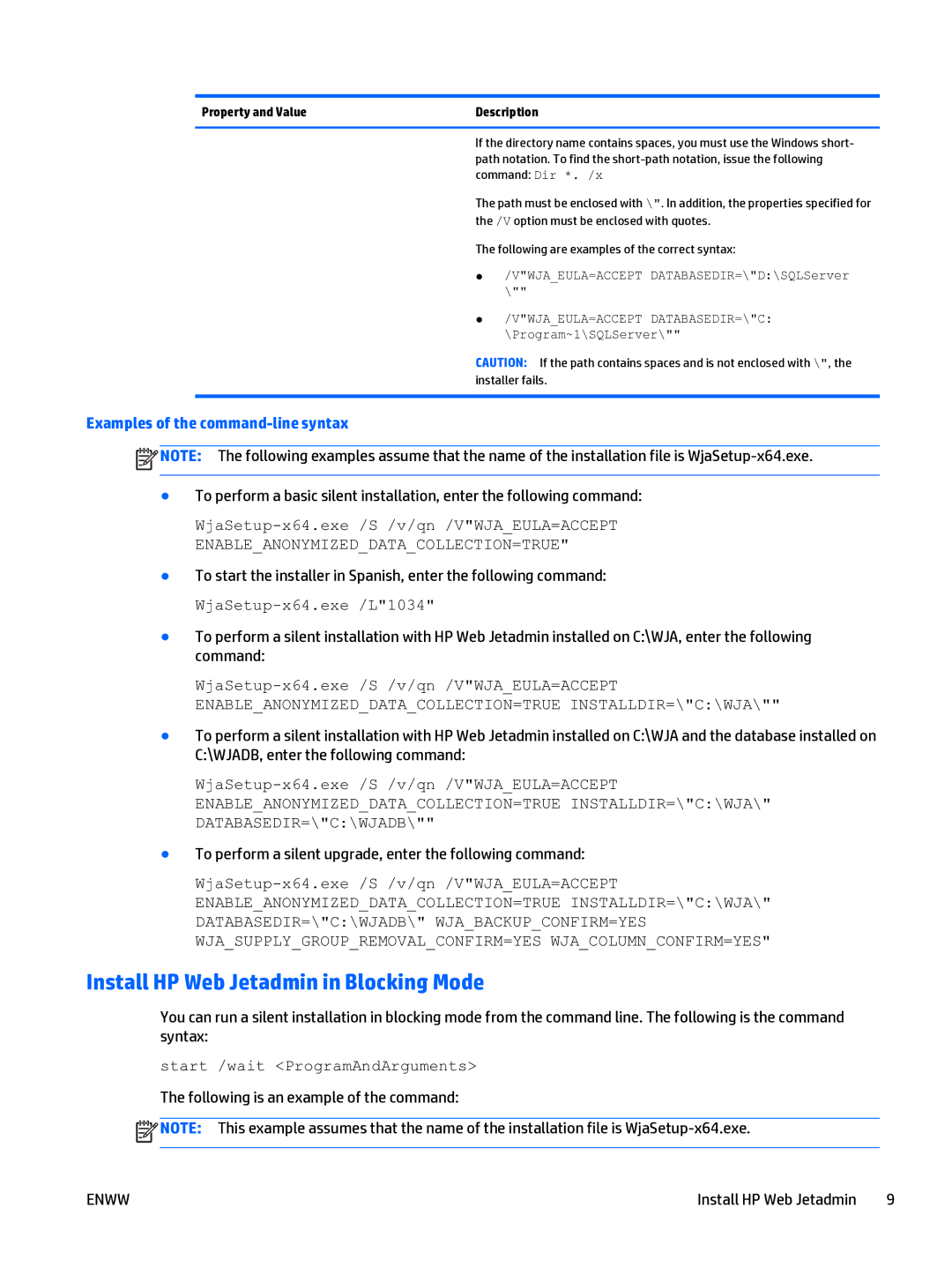 HP Web Jetadmin Software manual Install HP Web Jetadmin in Blocking Mode, Examples of the command-line syntax 