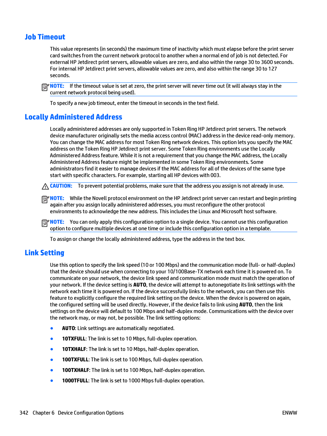 HP Web Jetadmin Software manual Job Timeout, Locally Administered Address, Link Setting 