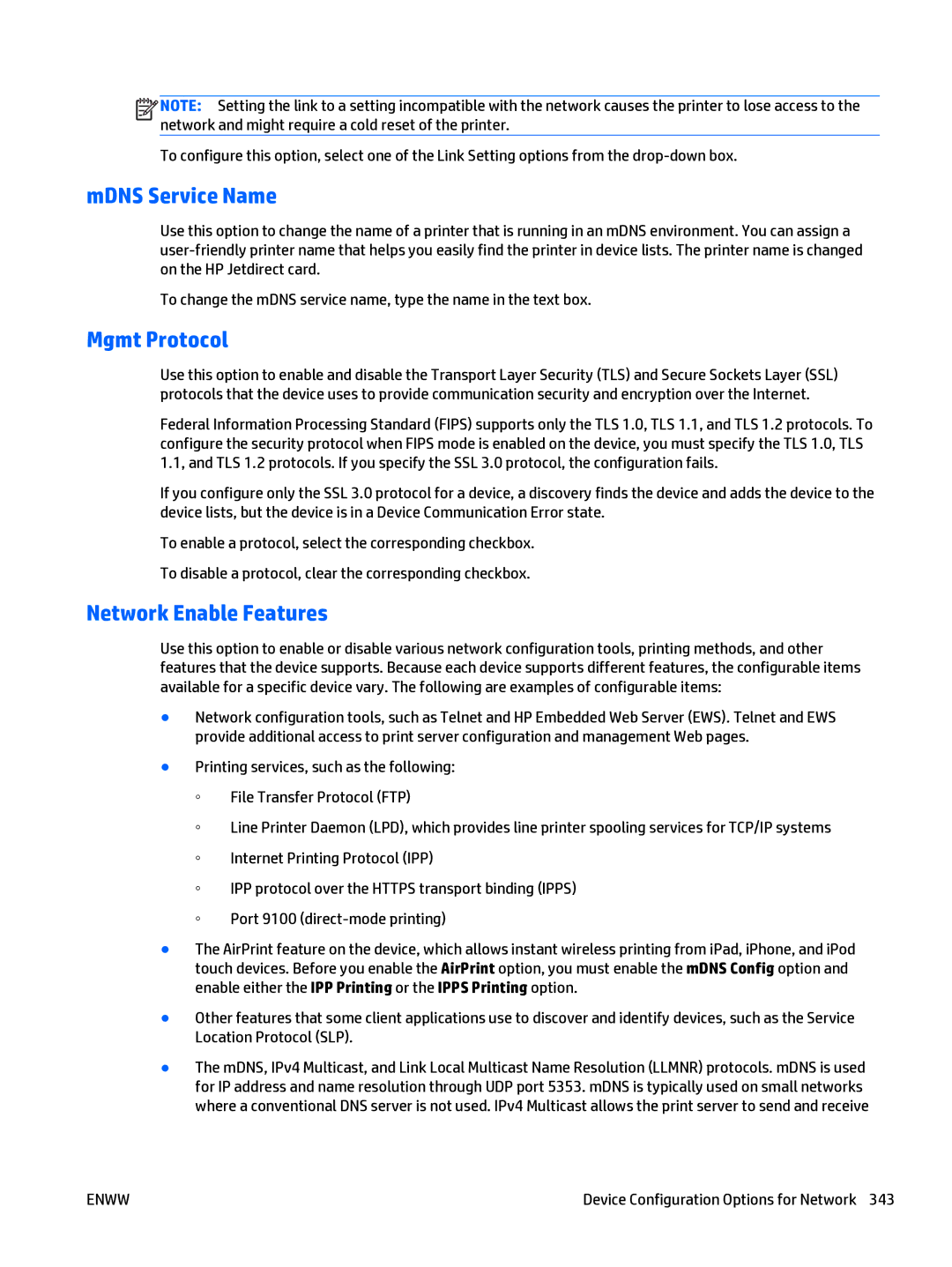 HP Web Jetadmin Software manual MDNS Service Name, Mgmt Protocol, Network Enable Features 