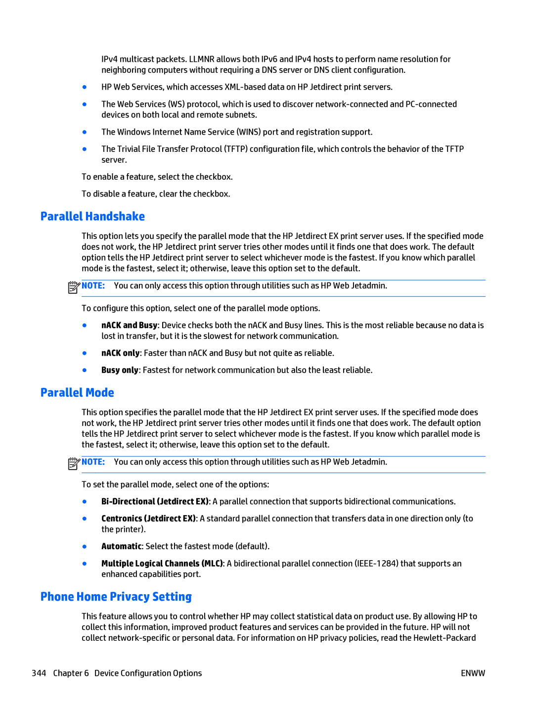 HP Web Jetadmin Software manual Parallel Handshake, Parallel Mode, Phone Home Privacy Setting 