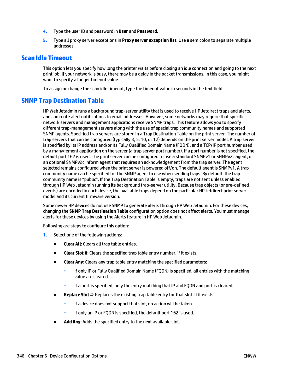 HP Web Jetadmin Software manual Scan Idle Timeout, Snmp Trap Destination Table 