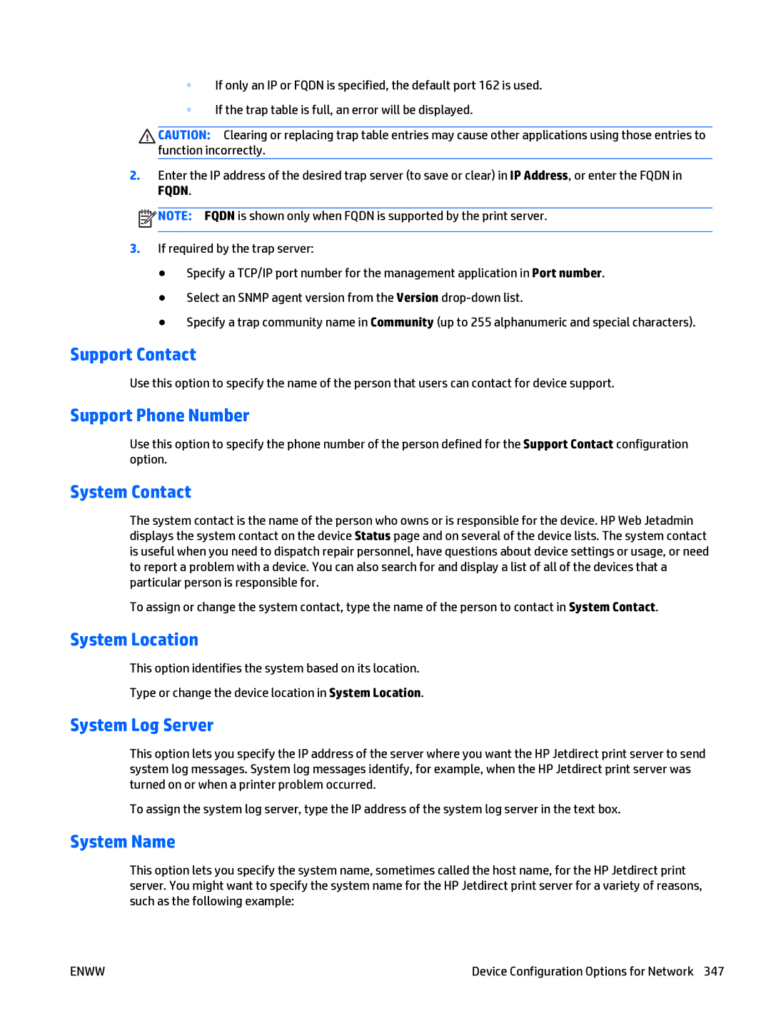 HP Web Jetadmin Software manual Support Contact, Support Phone Number, System Contact, System Location, System Log Server 