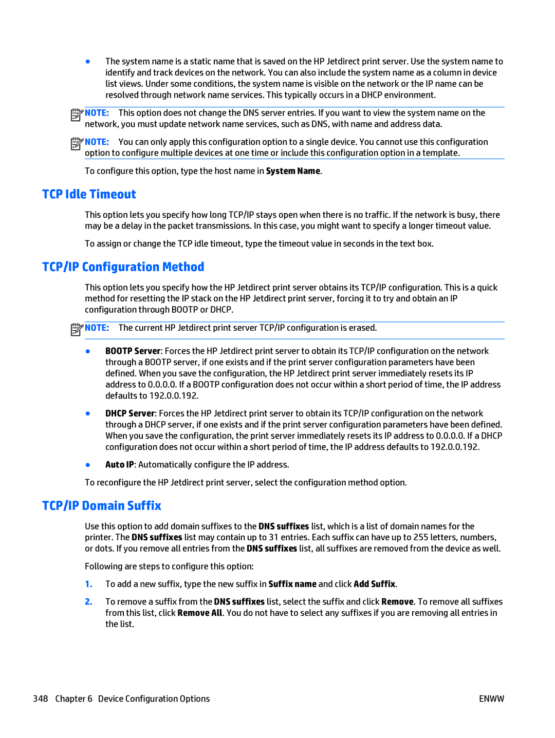 HP Web Jetadmin Software manual TCP Idle Timeout, TCP/IP Configuration Method, TCP/IP Domain Suffix 