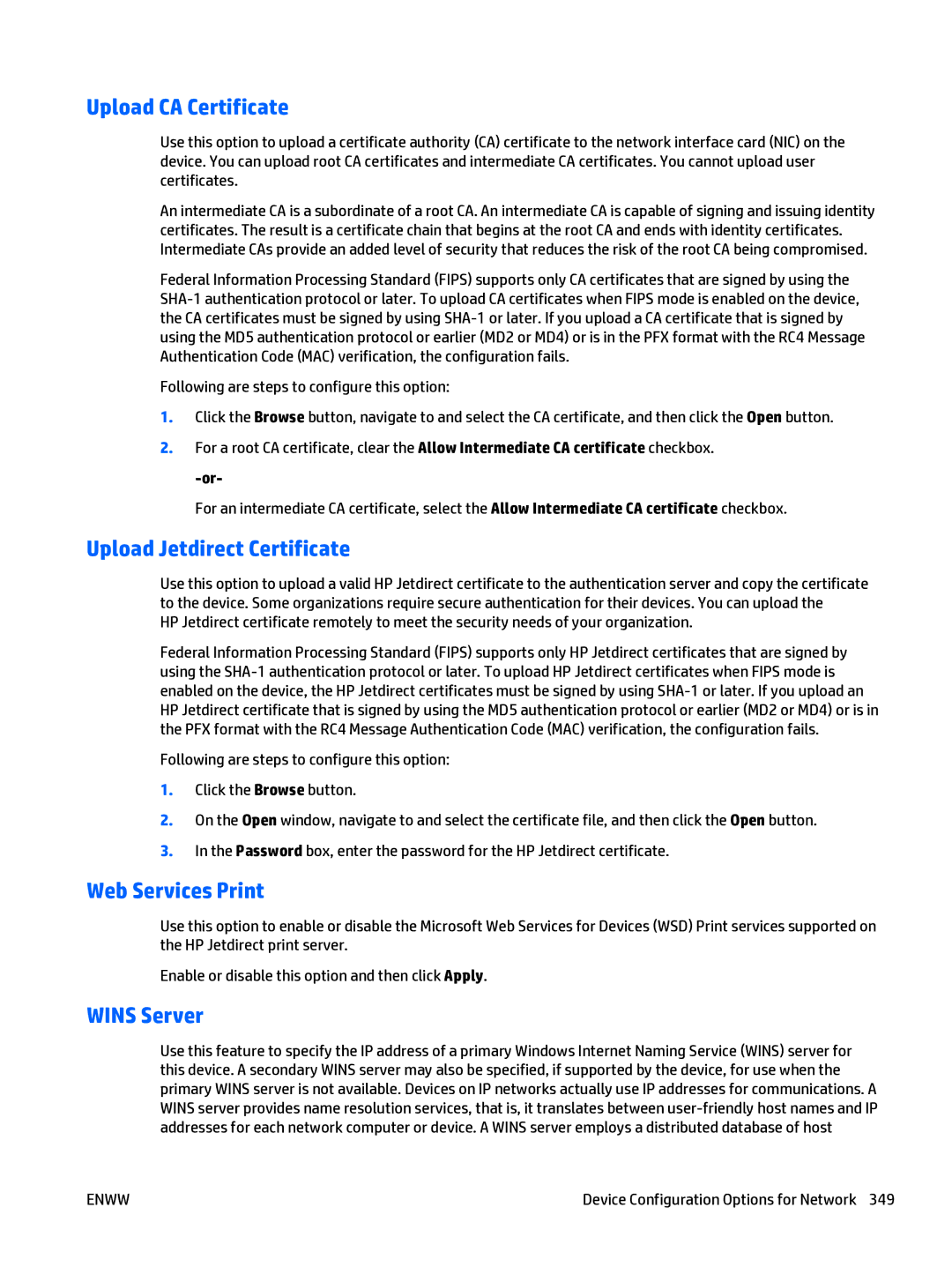 HP Web Jetadmin Software manual Upload CA Certificate, Upload Jetdirect Certificate, Web Services Print, Wins Server 