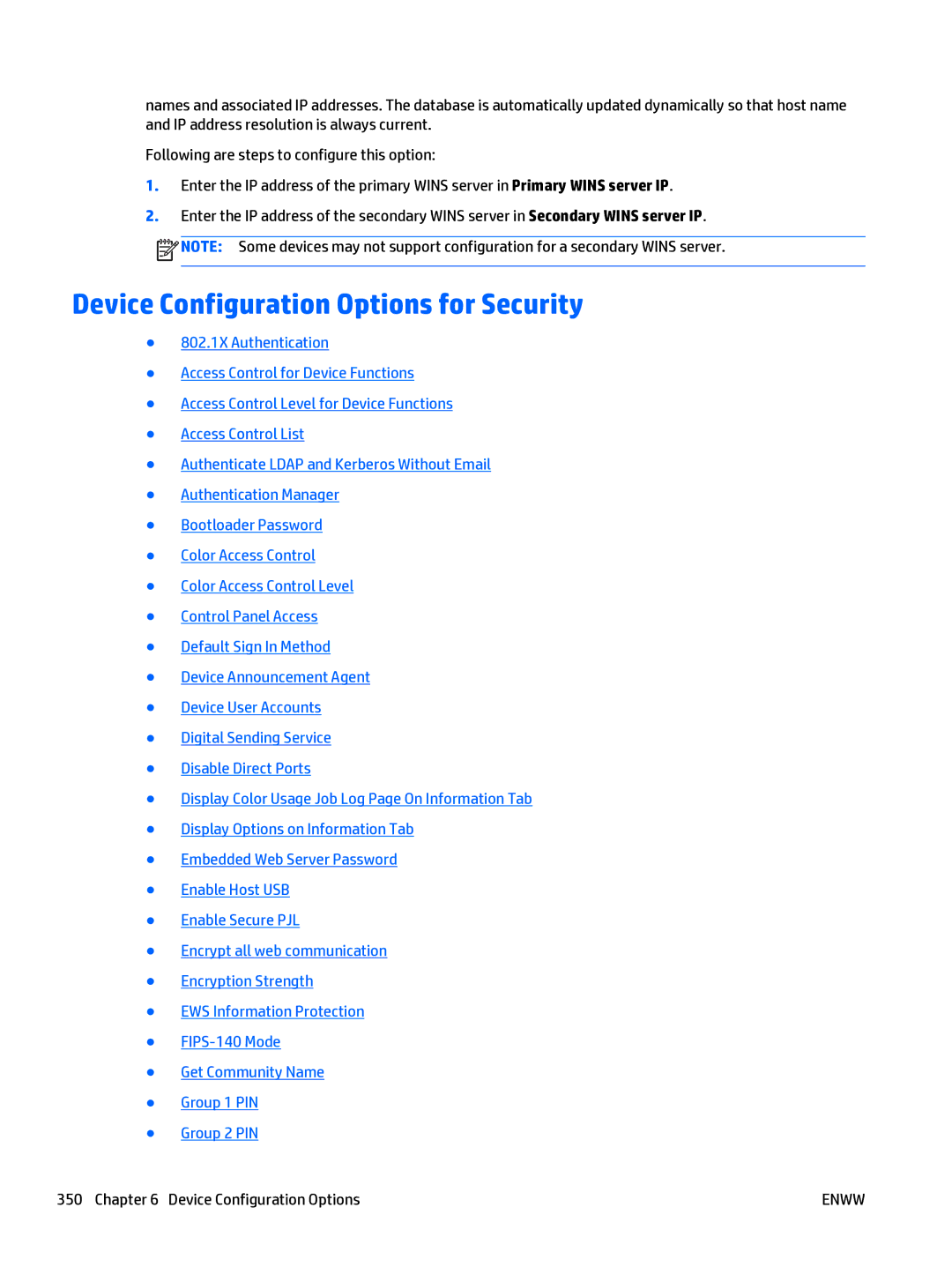 HP Web Jetadmin Software manual Device Configuration Options for Security 