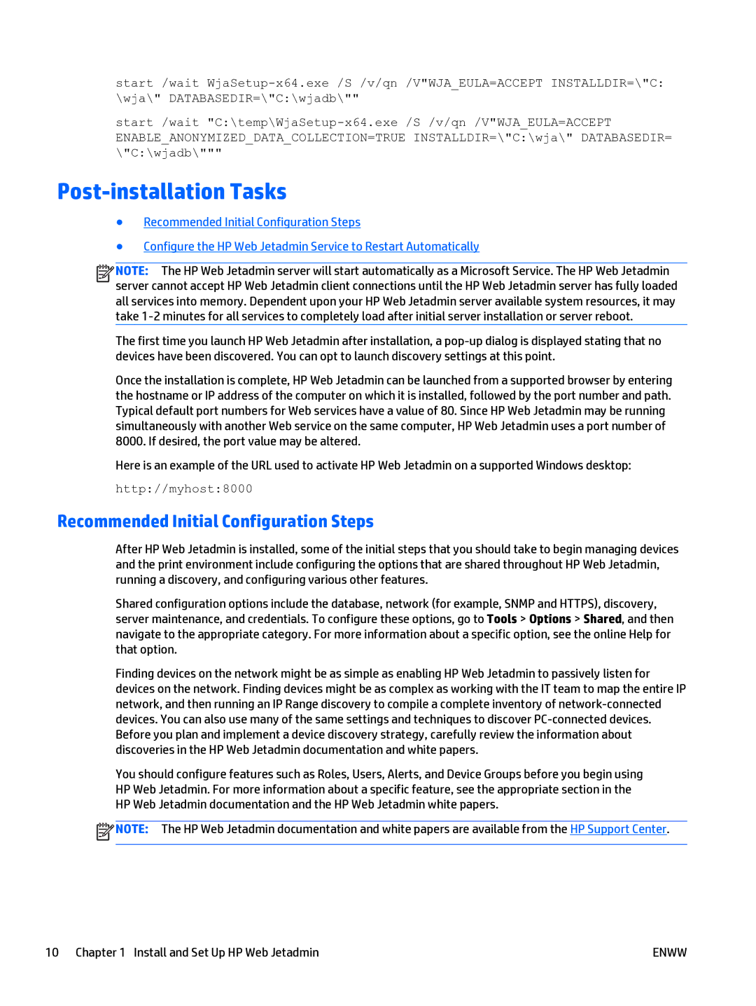 HP Web Jetadmin Software manual Post-installation Tasks, Recommended Initial Configuration Steps 