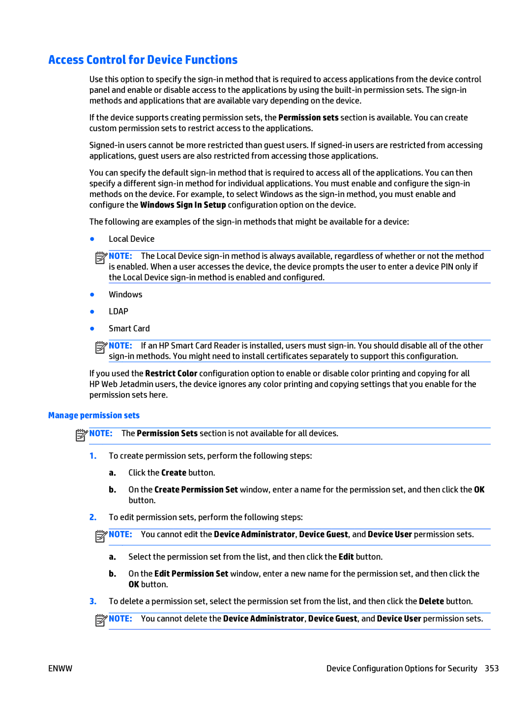 HP Web Jetadmin Software manual Access Control for Device Functions, Manage permission sets 