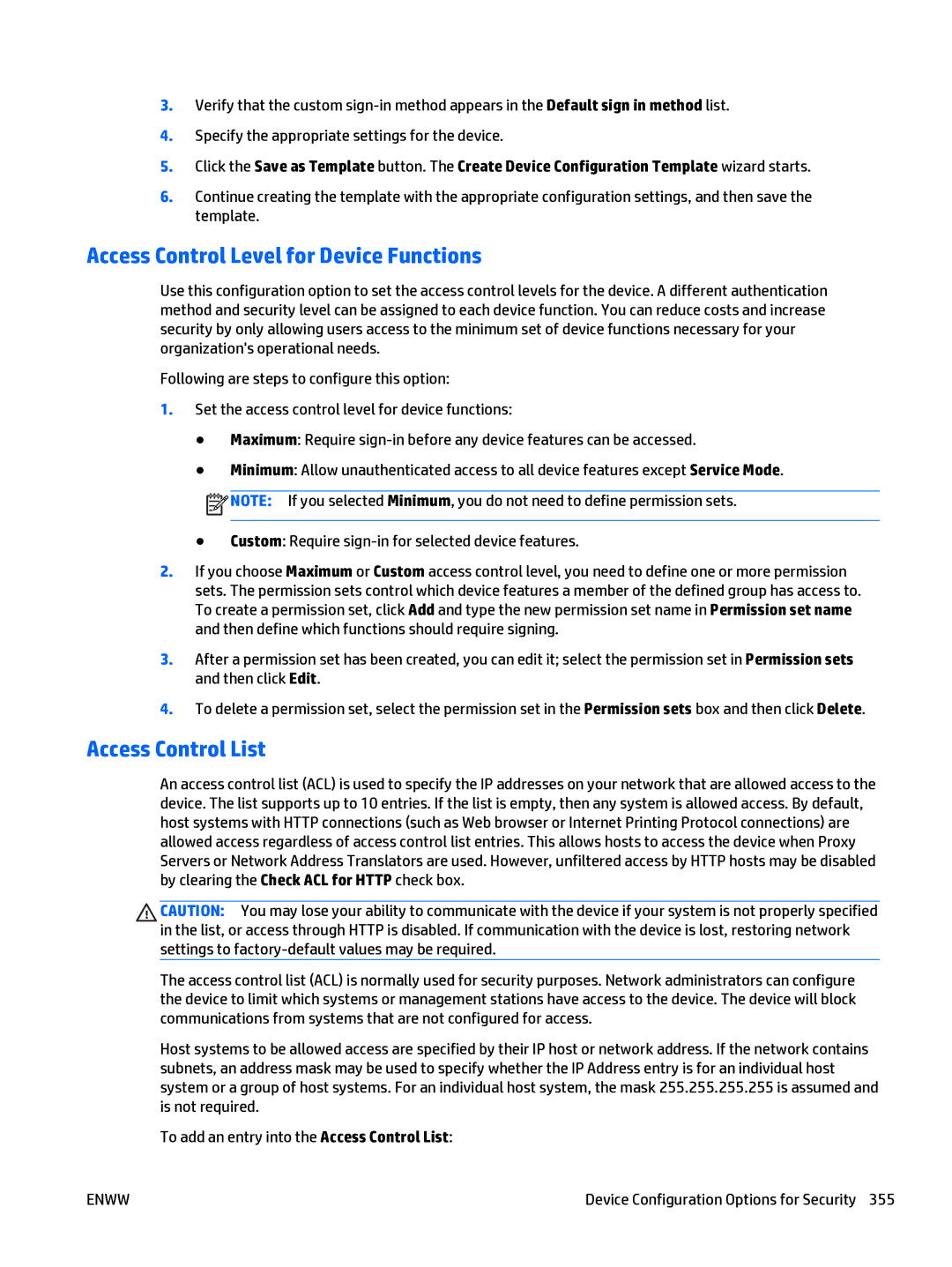 HP Web Jetadmin Software manual Access Control Level for Device Functions, Access Control List 