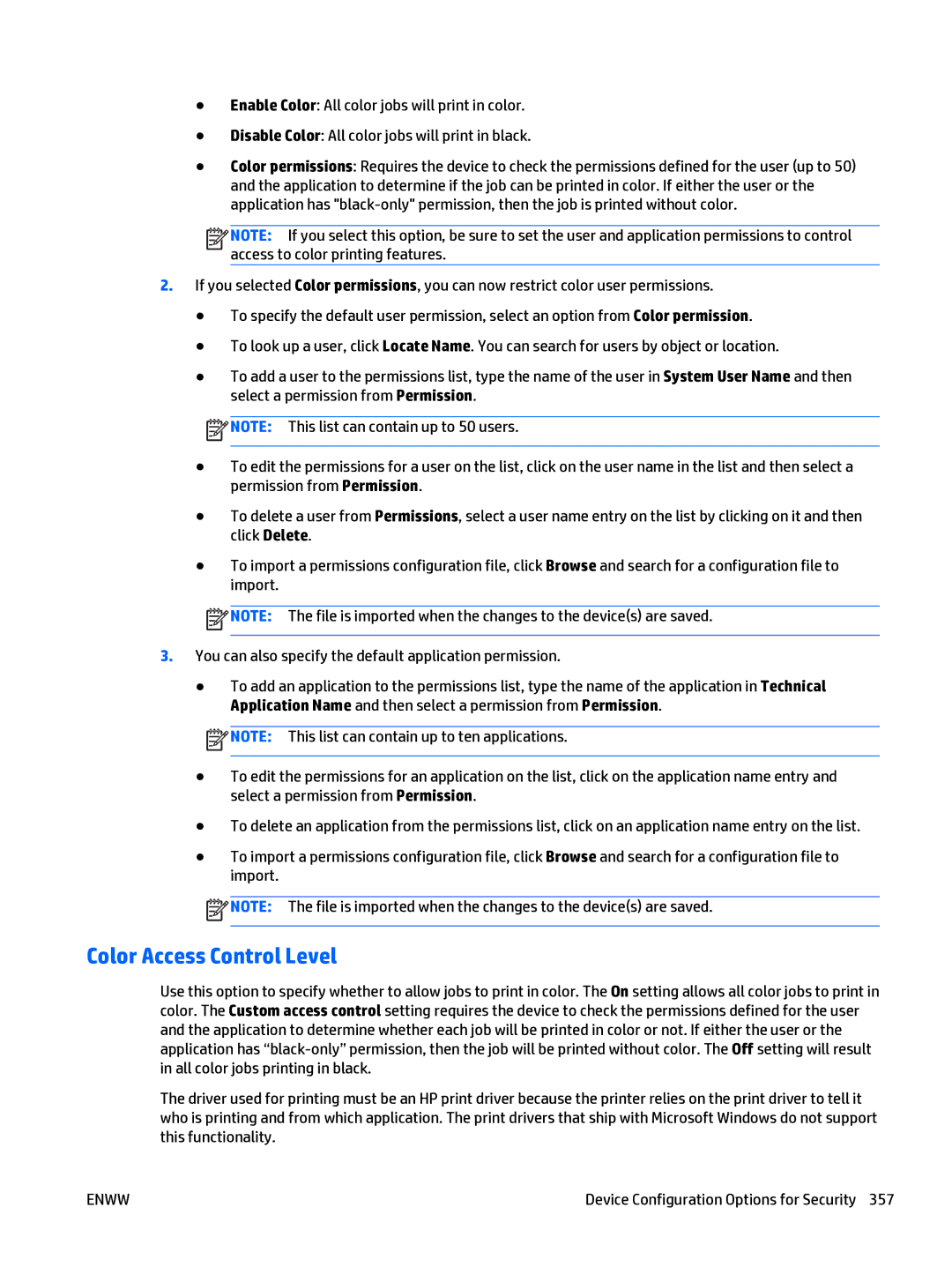 HP Web Jetadmin Software manual Color Access Control Level 