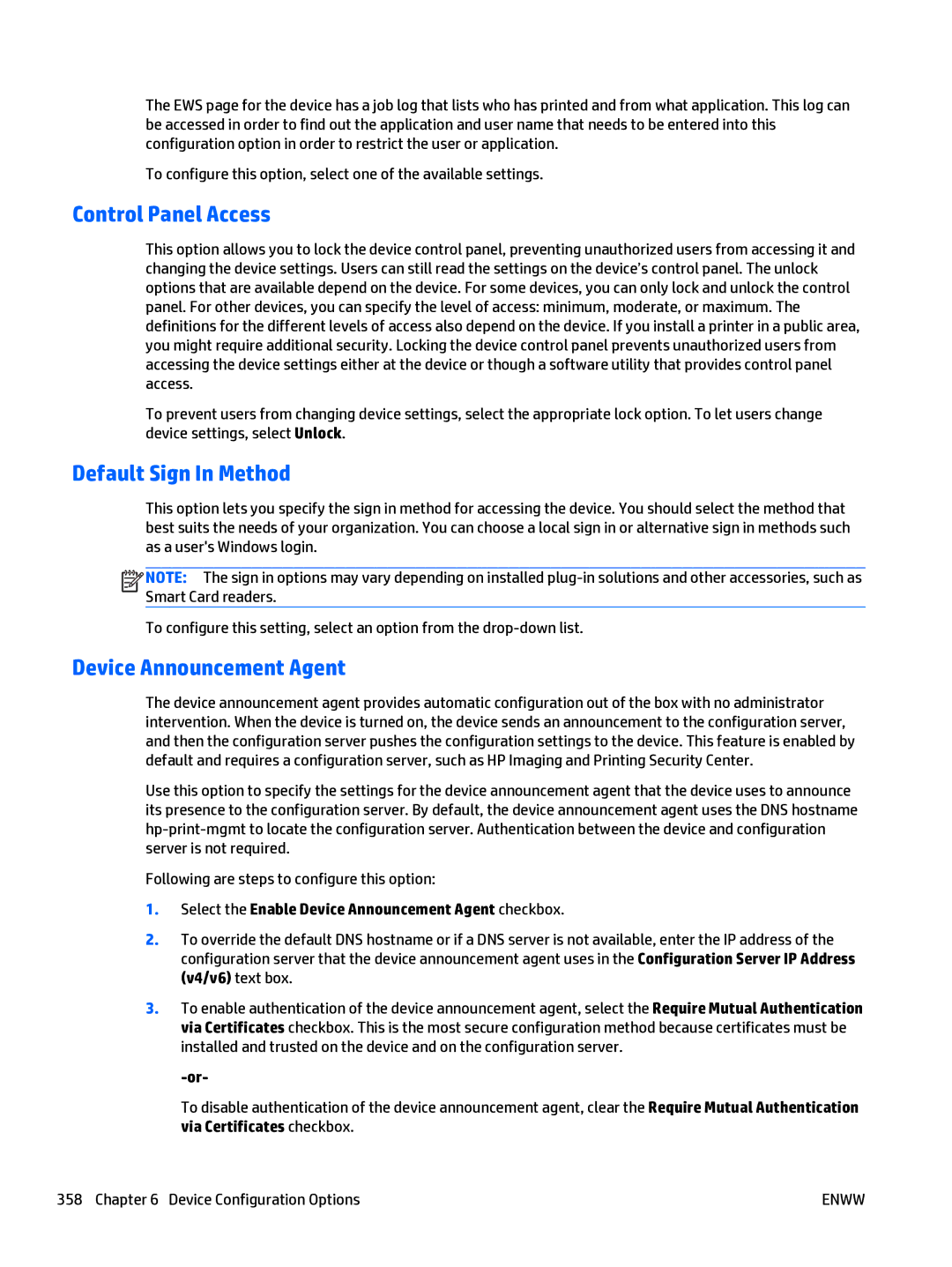 HP Web Jetadmin Software manual Control Panel Access, Default Sign In Method, Device Announcement Agent 