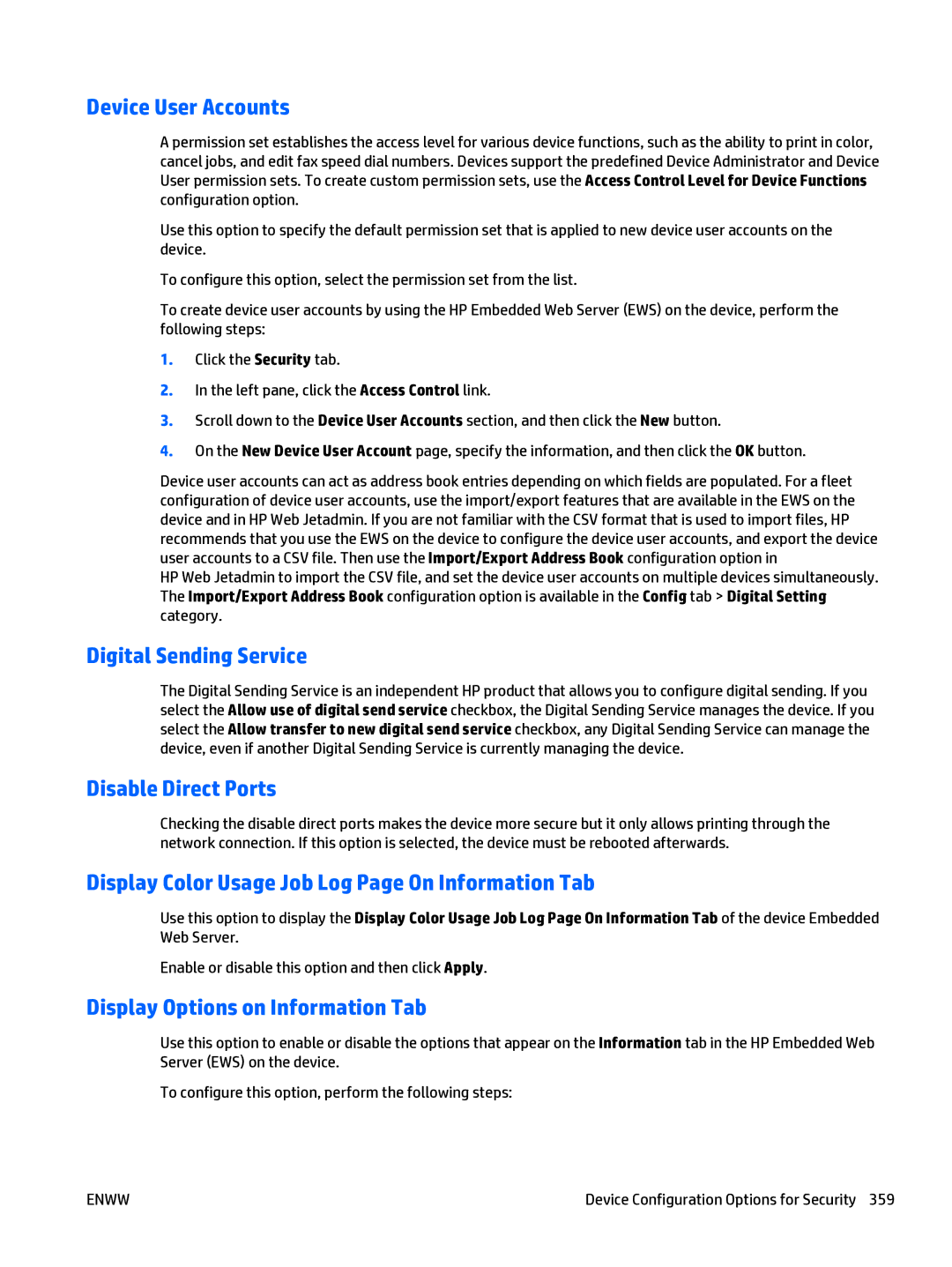 HP Web Jetadmin Software manual Device User Accounts, Digital Sending Service, Disable Direct Ports 