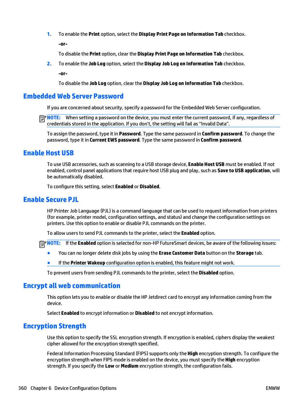 HP Web Jetadmin Software Embedded Web Server Password, Enable Host USB, Enable Secure PJL, Encrypt all web communication 