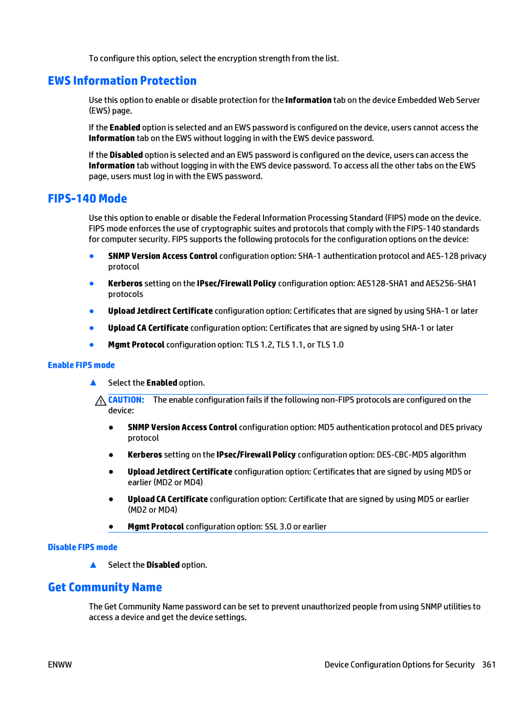 HP Web Jetadmin Software manual EWS Information Protection, FIPS-140 Mode, Get Community Name, Enable Fips mode 