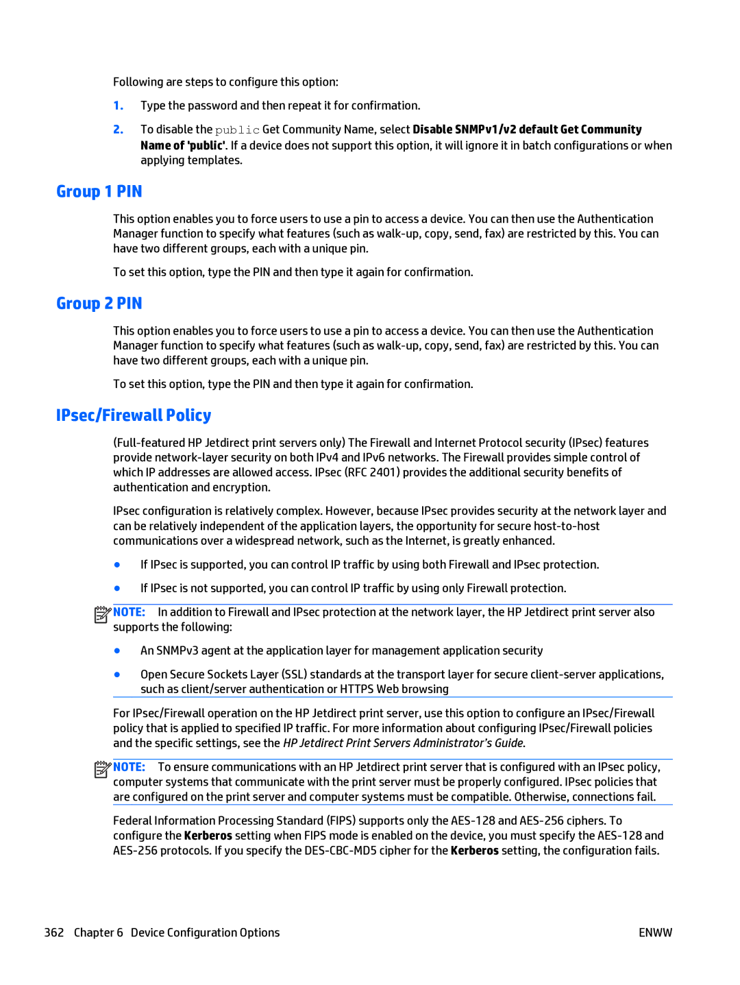 HP Web Jetadmin Software manual Group 1 PIN, Group 2 PIN, IPsec/Firewall Policy 