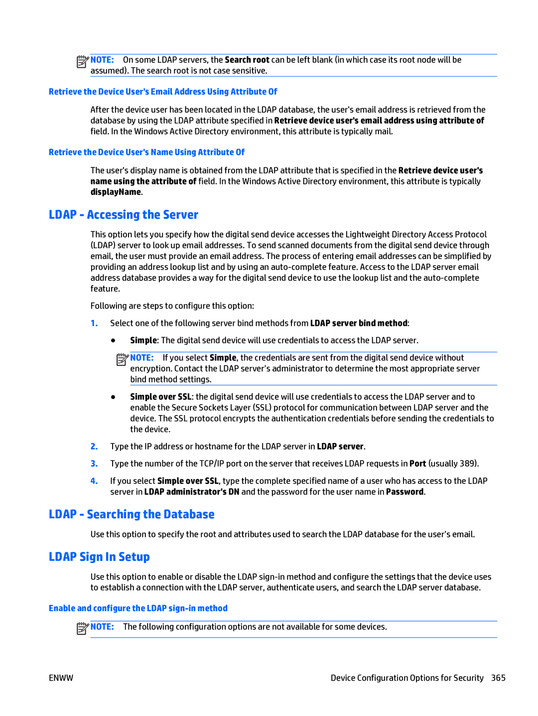 HP Web Jetadmin Software manual Ldap Accessing the Server, Ldap Searching the Database, Ldap Sign In Setup 