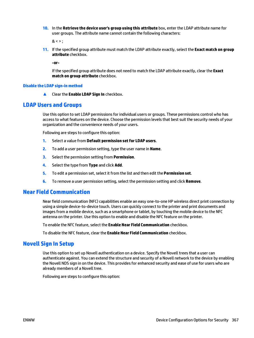 HP Web Jetadmin Software manual Ldap Users and Groups, Near Field Communication, Novell Sign In Setup 