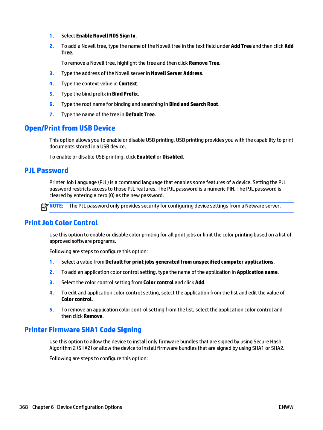 HP Web Jetadmin Software Open/Print from USB Device, PJL Password, Print Job Color Control, Select Enable Novell NDS Sign 