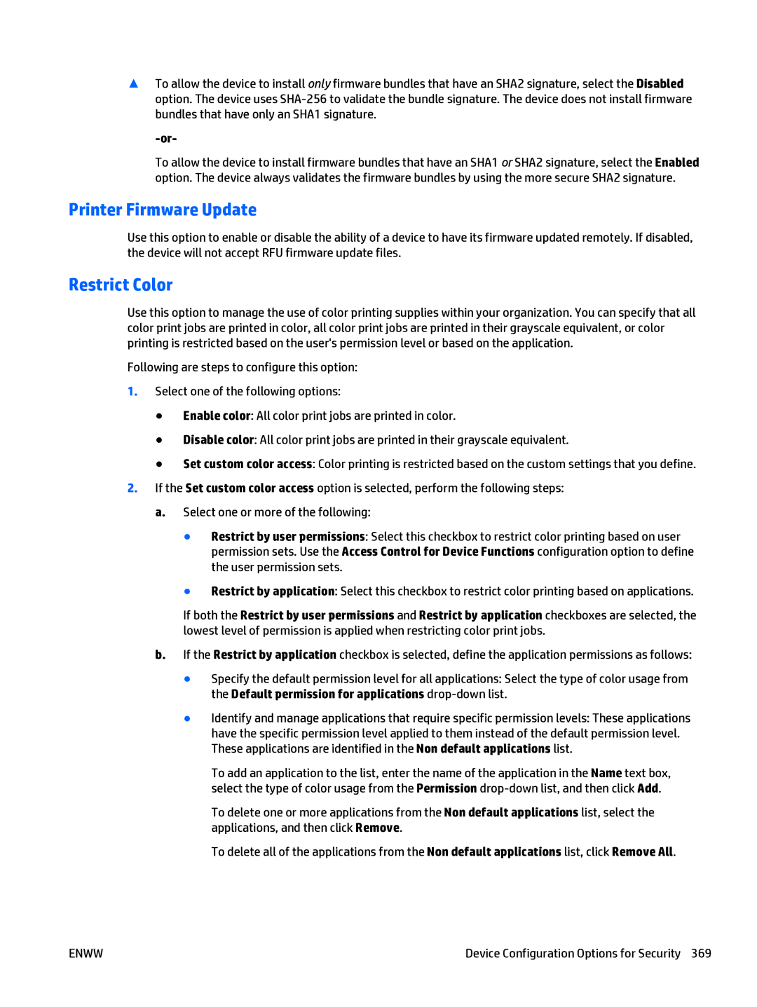 HP Web Jetadmin Software manual Printer Firmware Update, Restrict Color 