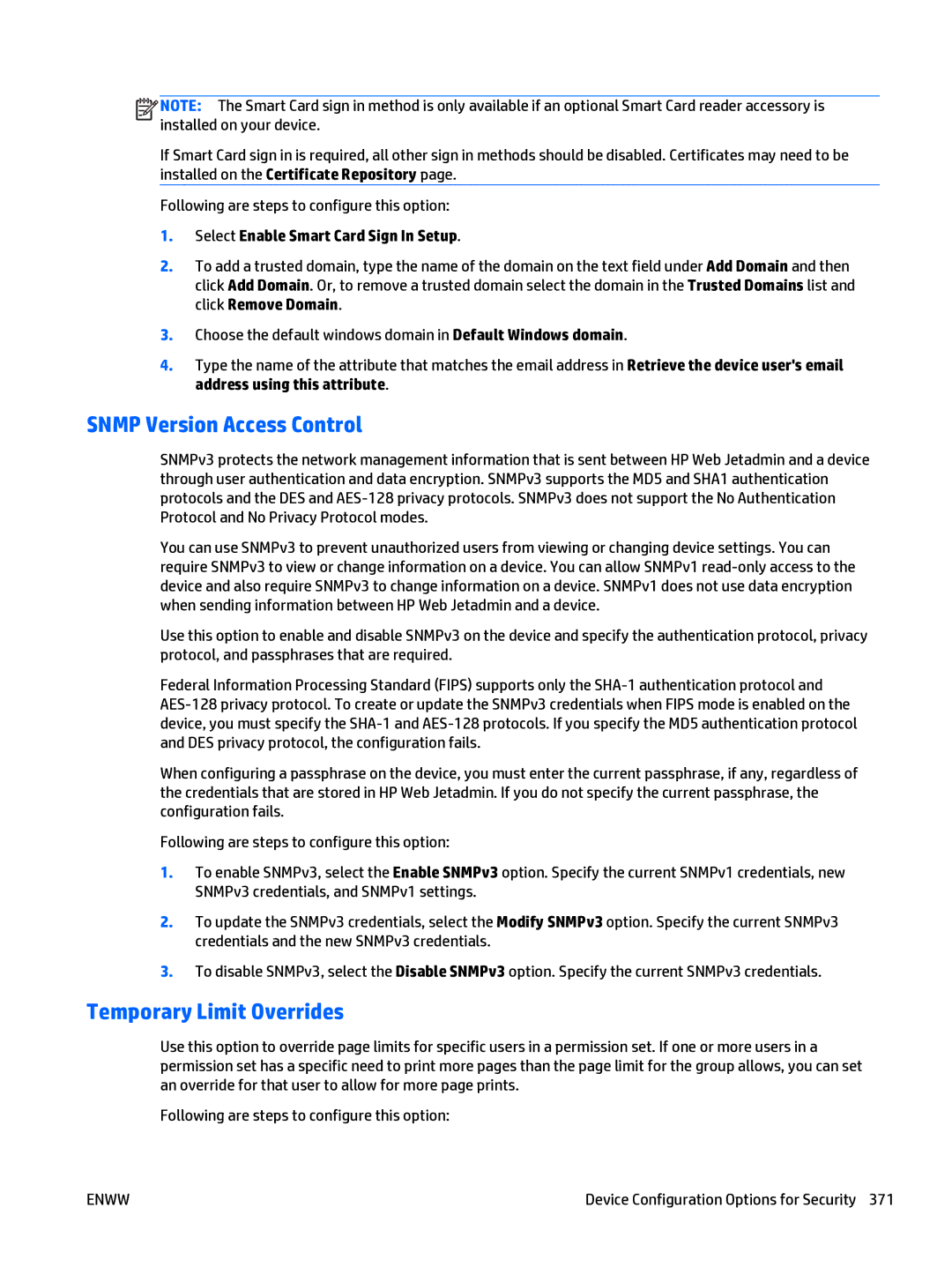 HP Web Jetadmin Software Snmp Version Access Control, Temporary Limit Overrides, Select Enable Smart Card Sign In Setup 