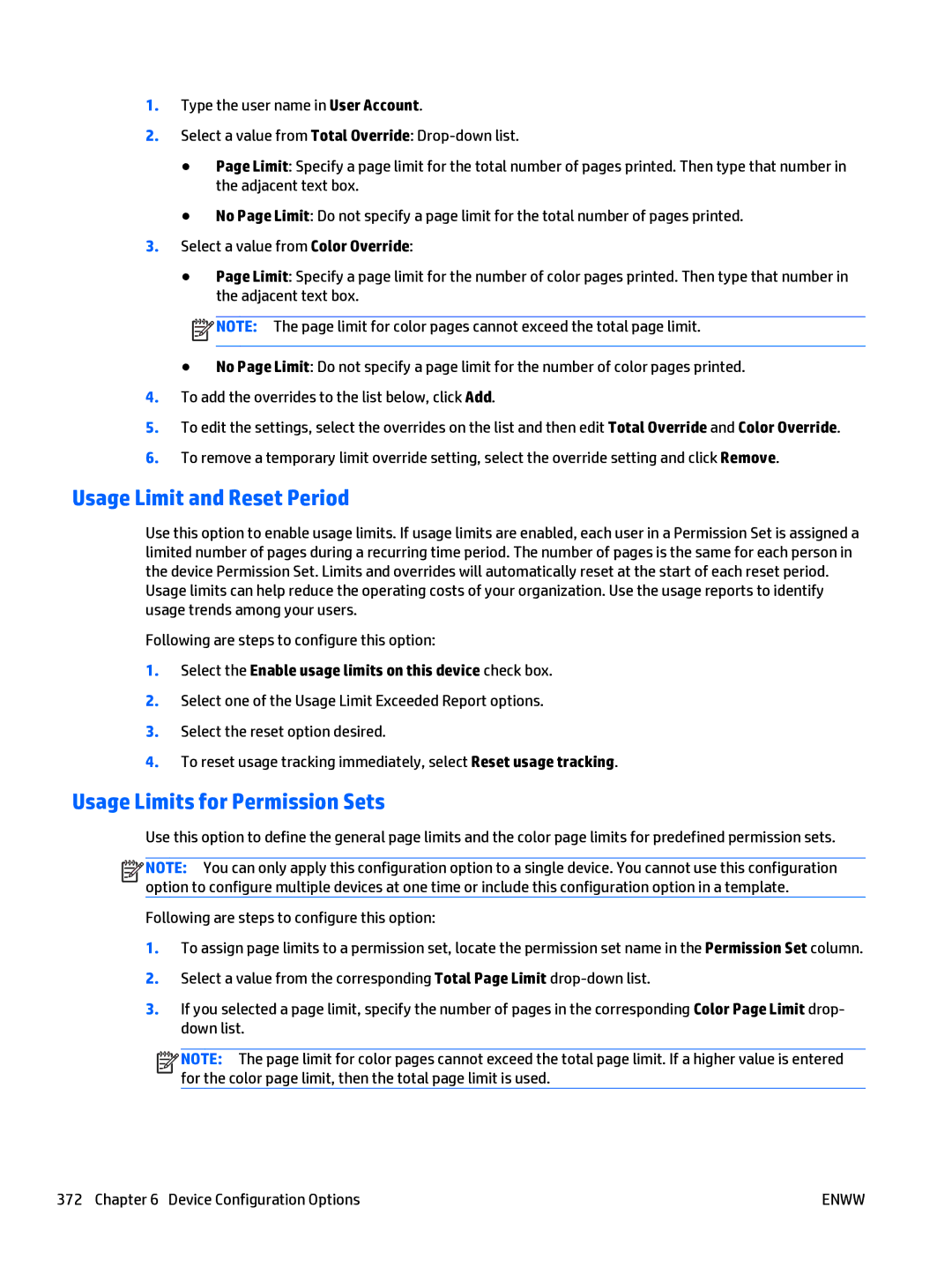 HP Web Jetadmin Software manual Usage Limit and Reset Period, Usage Limits for Permission Sets 