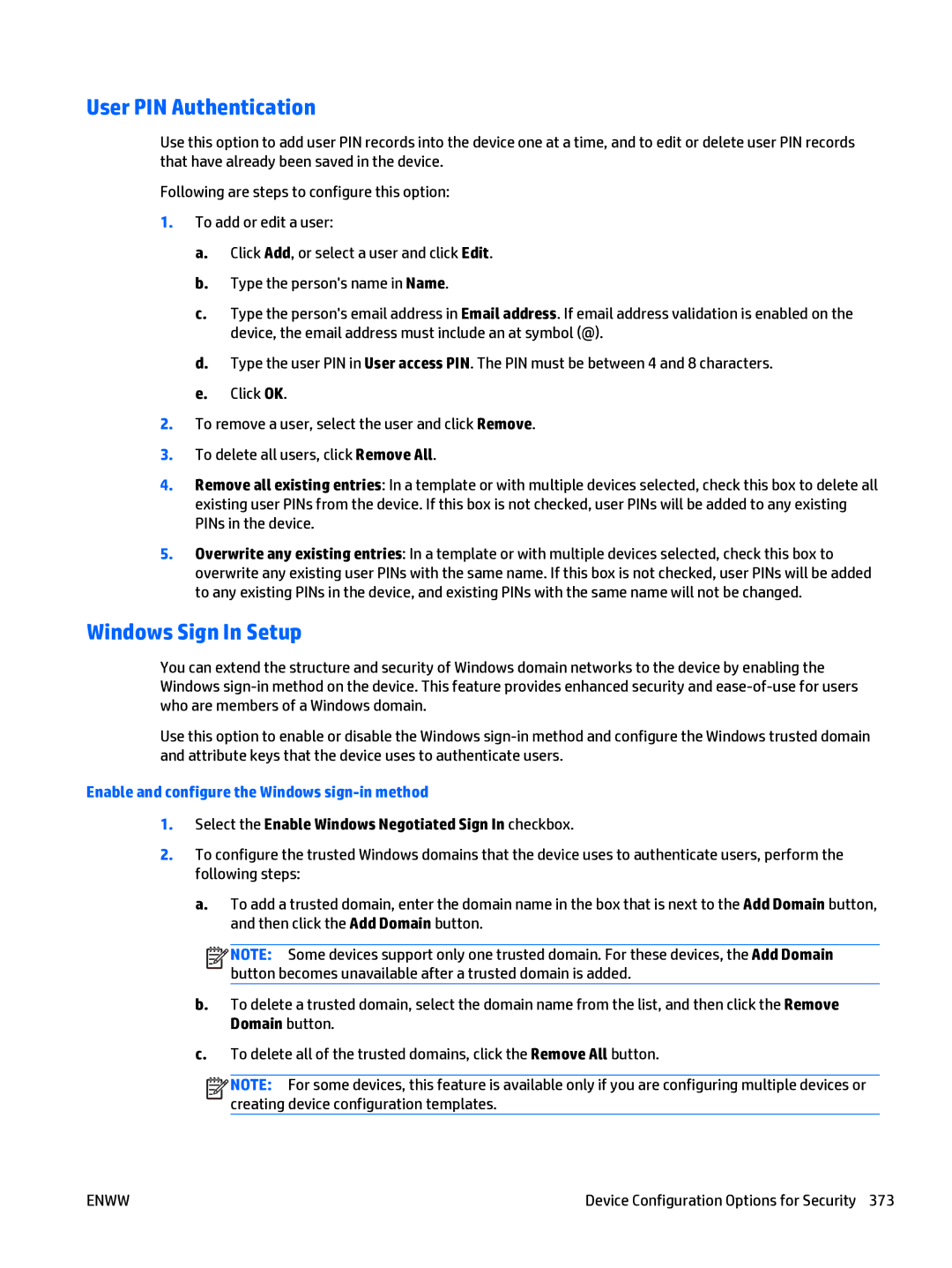 HP Web Jetadmin Software User PIN Authentication, Windows Sign In Setup, Enable and configure the Windows sign-in method 