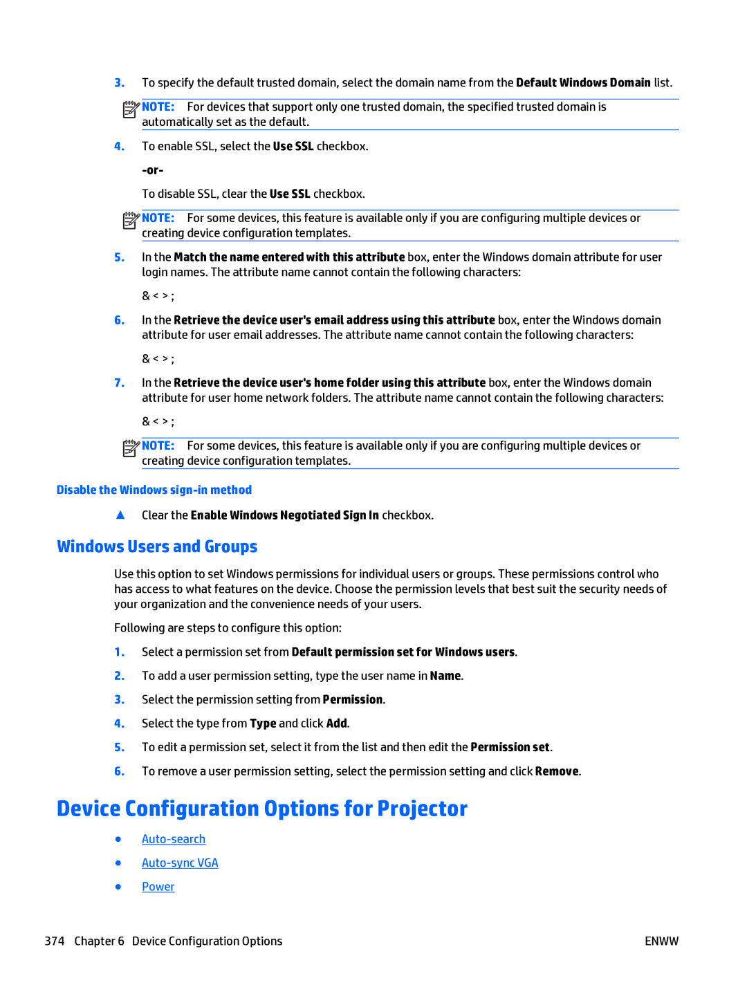 HP Web Jetadmin Software manual Device Configuration Options for Projector, Windows Users and Groups 