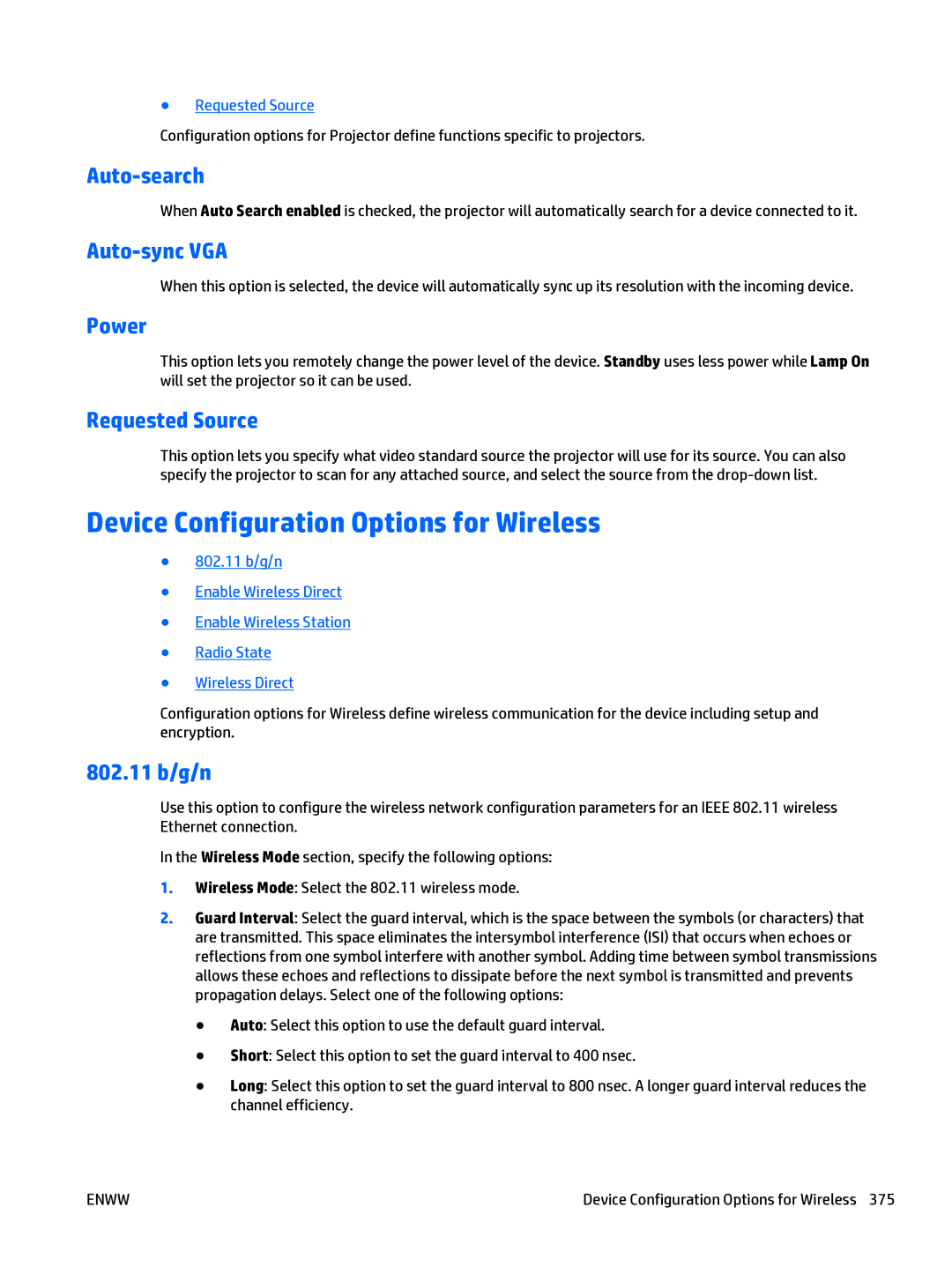 HP Web Jetadmin Software manual Device Configuration Options for Wireless 