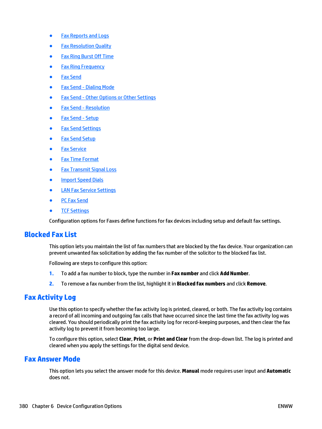 HP Web Jetadmin Software manual Blocked Fax List, Fax Activity Log, Fax Answer Mode 