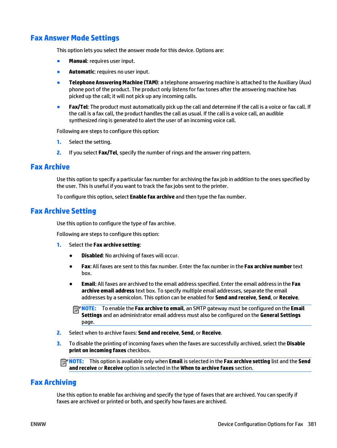 HP Web Jetadmin Software Fax Answer Mode Settings, Fax Archive Setting, Fax Archiving, Select the Fax archive setting 