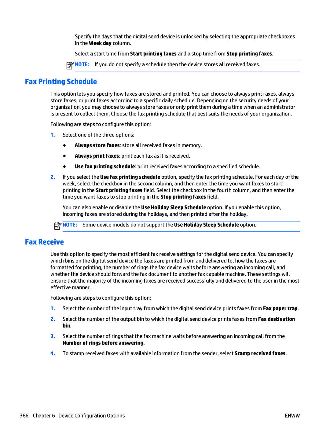 HP Web Jetadmin Software manual Fax Printing Schedule, Fax Receive 