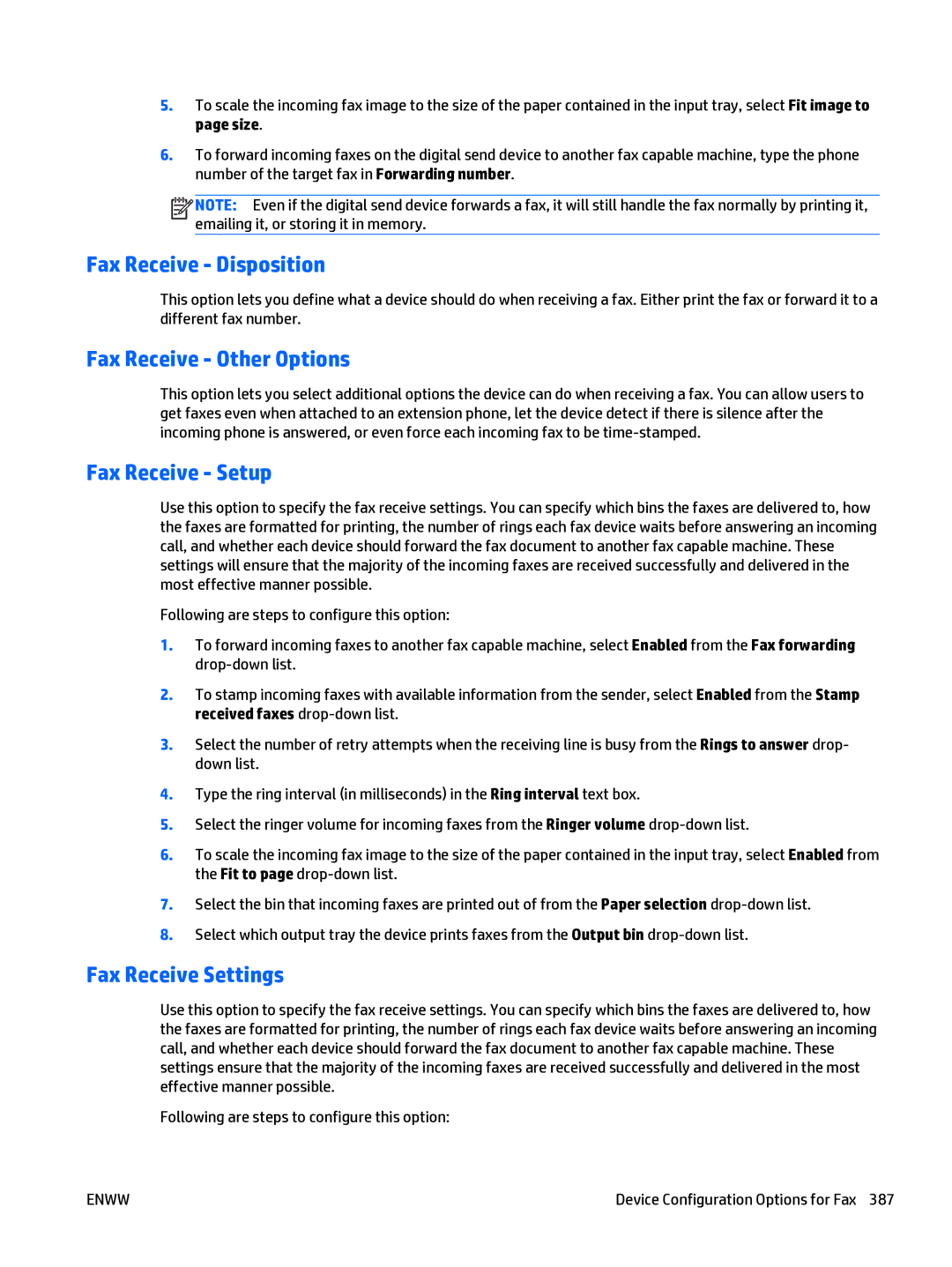 HP Web Jetadmin Software manual Fax Receive Disposition, Fax Receive Other Options, Fax Receive Setup, Fax Receive Settings 