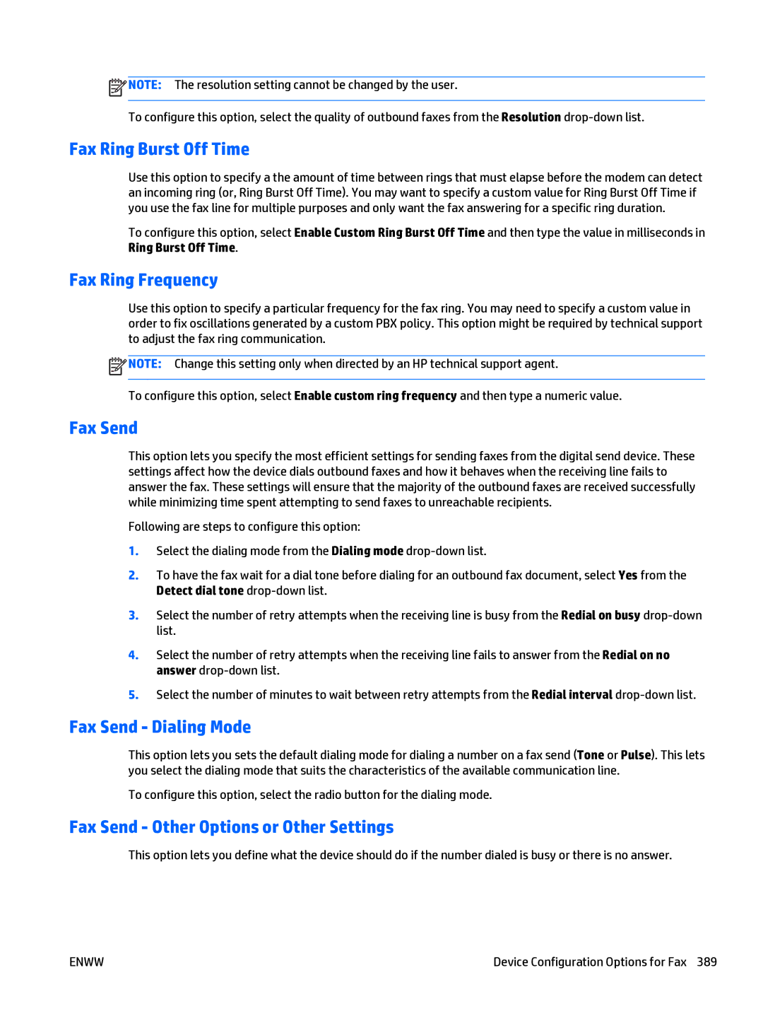 HP Web Jetadmin Software manual Fax Ring Burst Off Time, Fax Ring Frequency, Fax Send Dialing Mode 