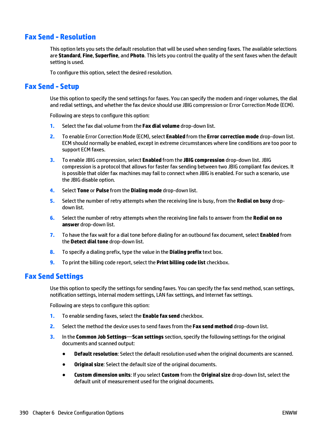 HP Web Jetadmin Software manual Fax Send Resolution, Fax Send Setup, Fax Send Settings 